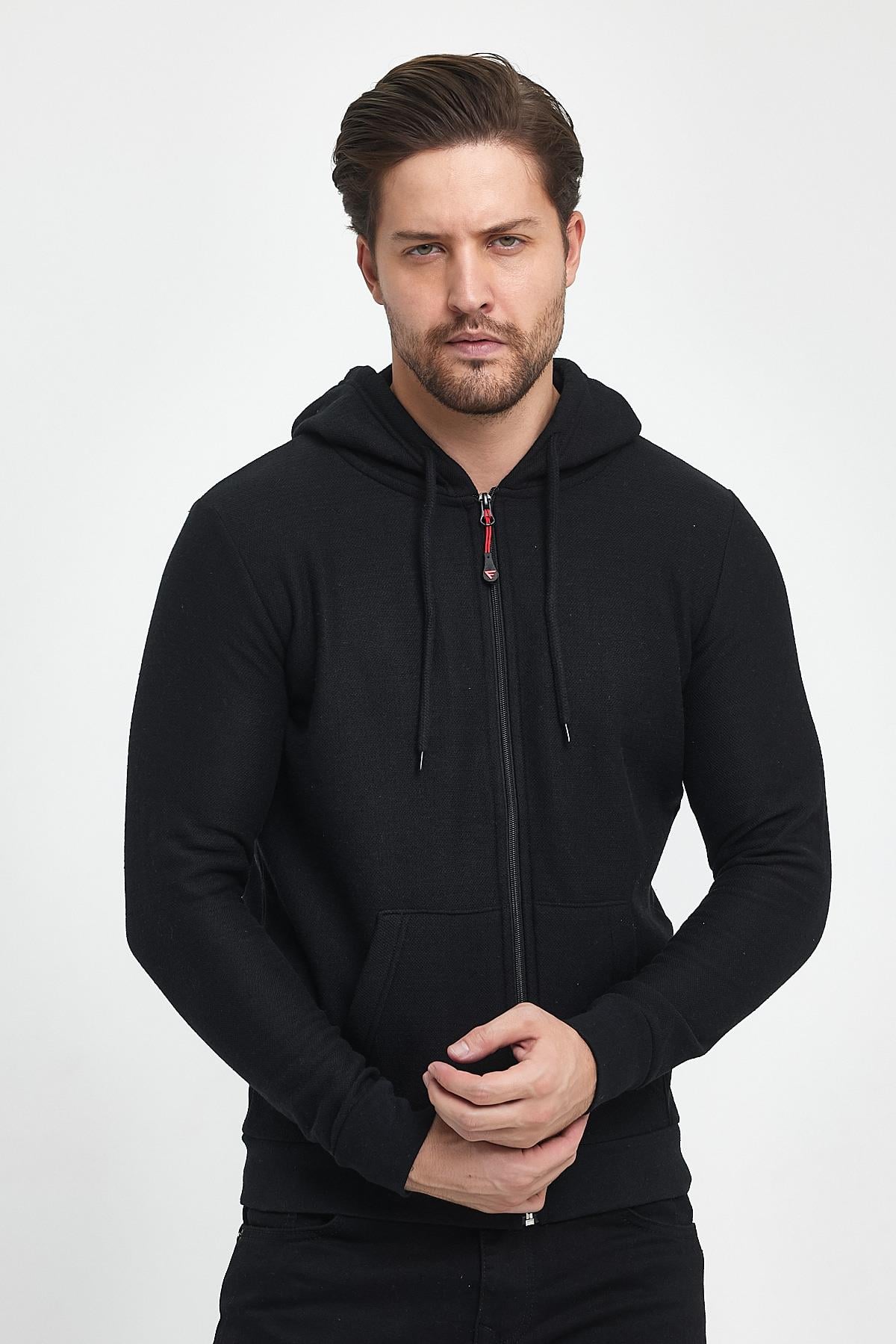 FİHA/8861-ERKEK FERMUARLI KAPŞONLU ŞARDONLU SWEAT - SİYAH
