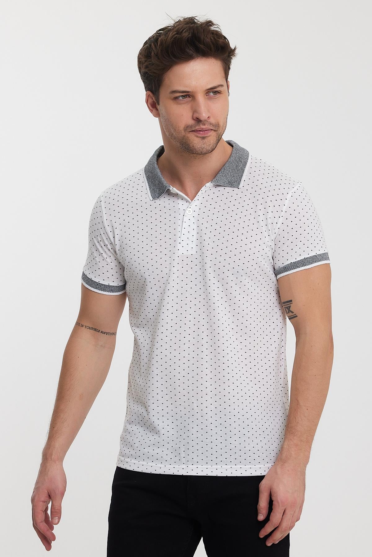 FİHA/8889-ERKEK DESENLİ POLO YAKA T-SHIRT - BEYAZ