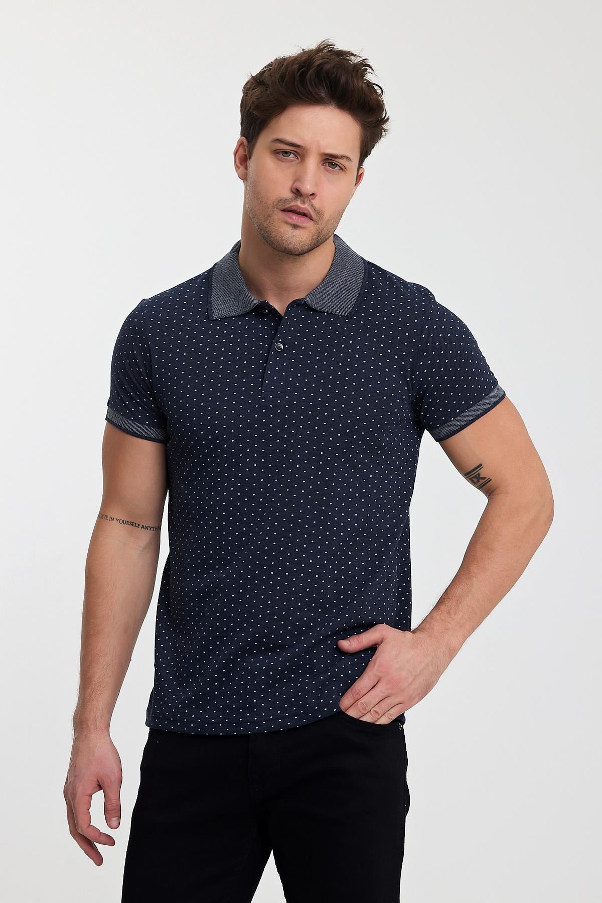FİHA/8889-ERKEK DESENLİ POLO YAKA T-SHIRT - İNDİGO