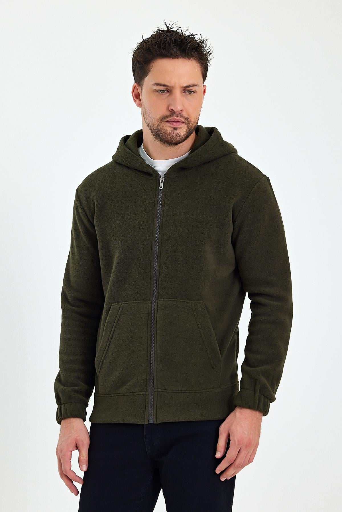 FİHA/8967-ERKEK POLAR FERMUARLI KOLU LASTIKLI SWEAT - HAKİ