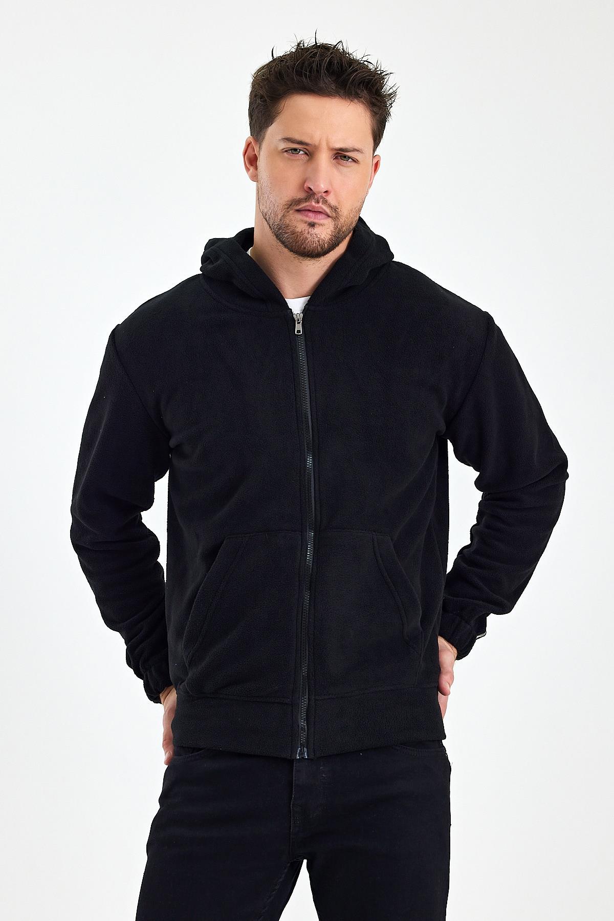 FİHA/8967-ERKEK POLAR FERMUARLI KOLU LASTIKLI SWEAT - SİYAH
