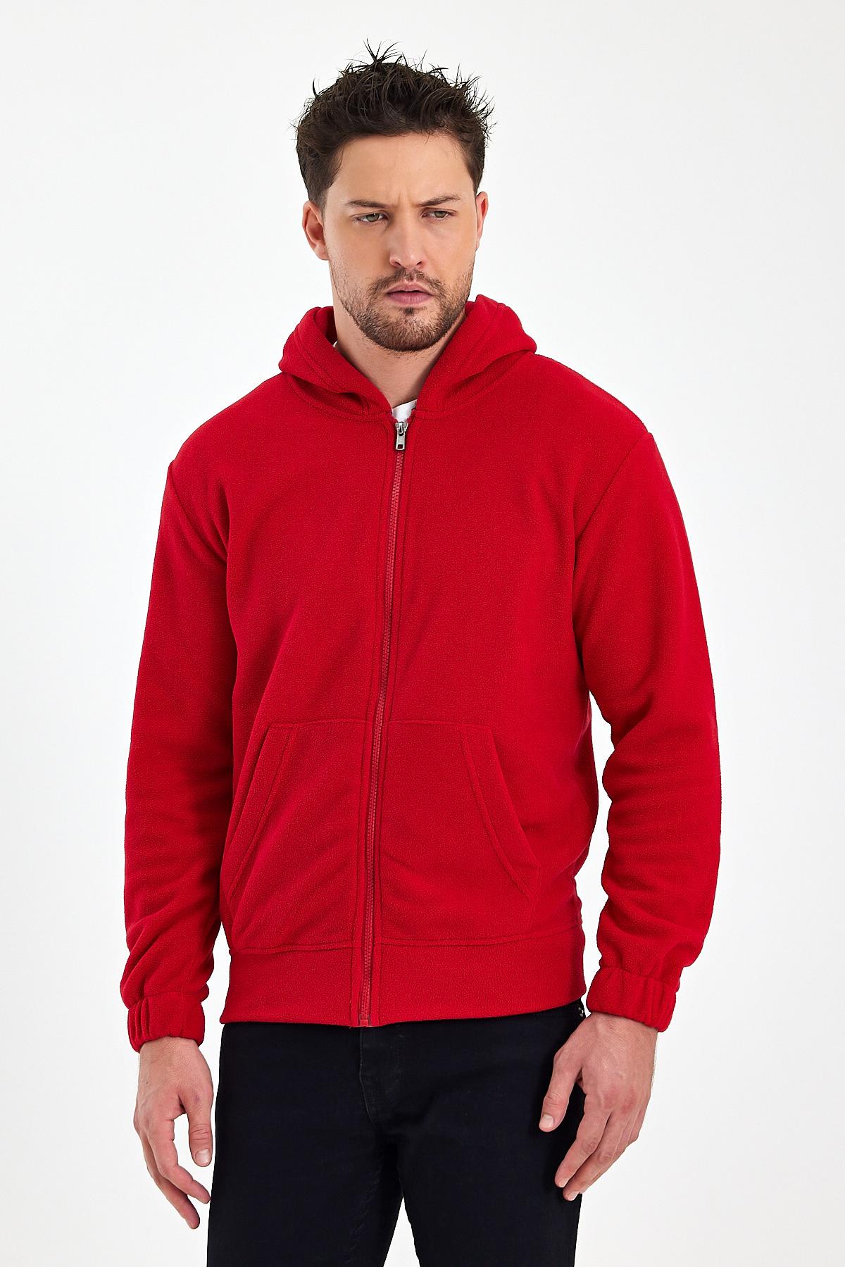 FİHA/8967-ERKEK POLAR FERMUARLI KOLU LASTIKLI SWEAT - KIRMIZI
