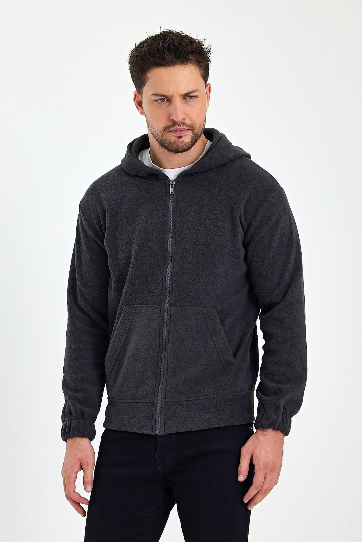 FİHA/8967-ERKEK POLAR FERMUARLI KOLU LASTIKLI SWEAT - FÜME