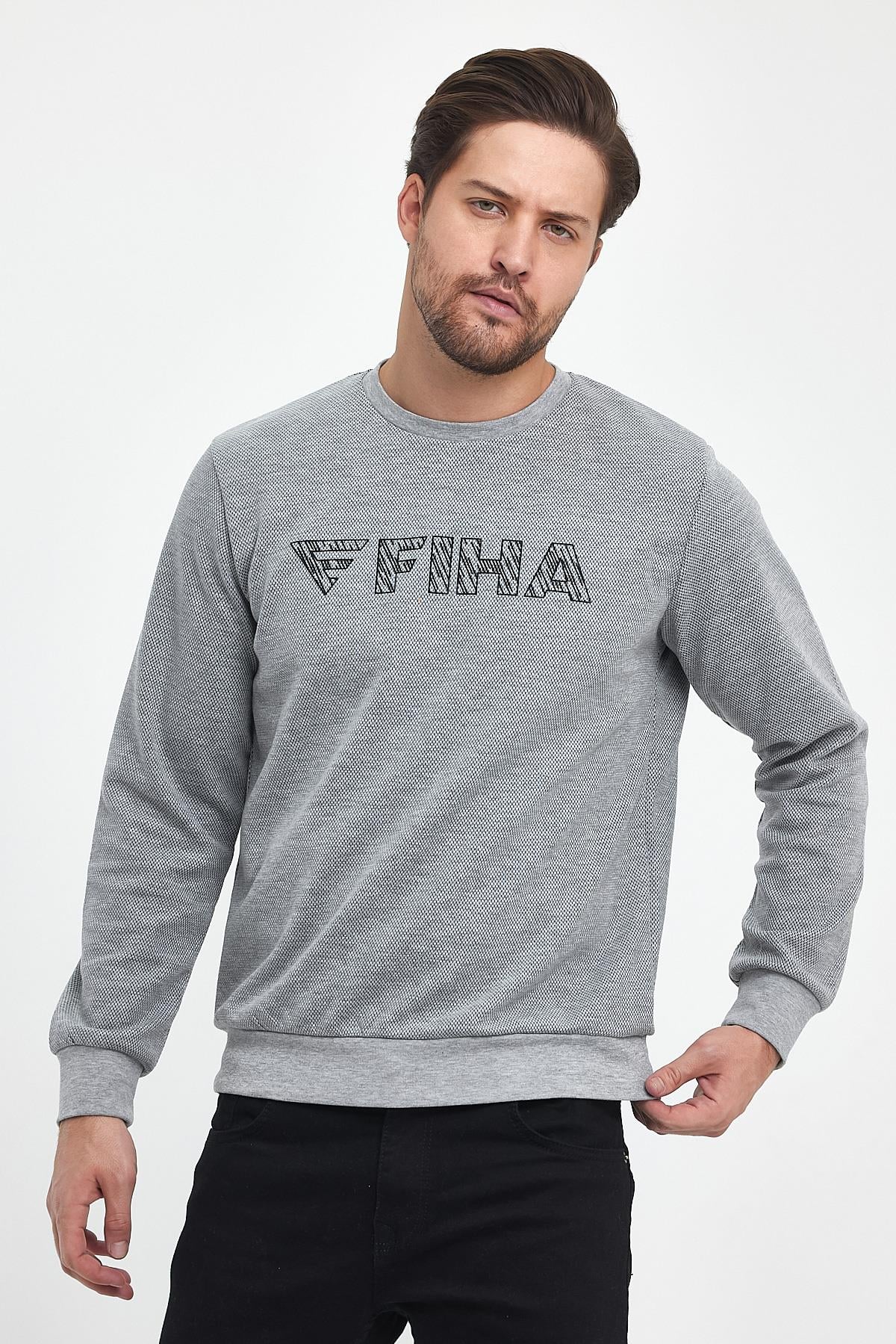 FİHA/9015-ERKEK BASKILI YAGMUR DESEN SIFIR YAKA SWEAT - GRİ