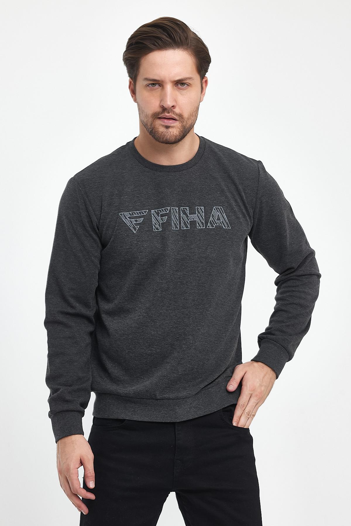 FİHA/9015-ERKEK BASKILI YAGMUR DESEN SIFIR YAKA SWEAT - ANTRASİT