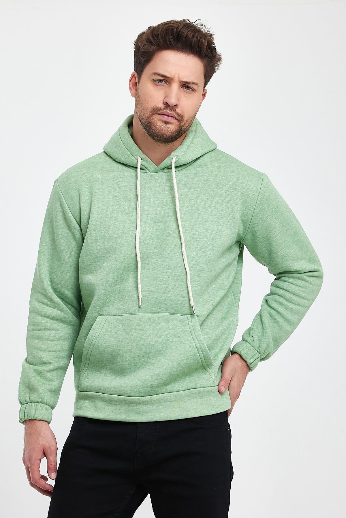FİHA/9016-ERKEK KOLU LASTİKLİ KAPŞONLU SWEAT - FISTIK YEŞİLİ