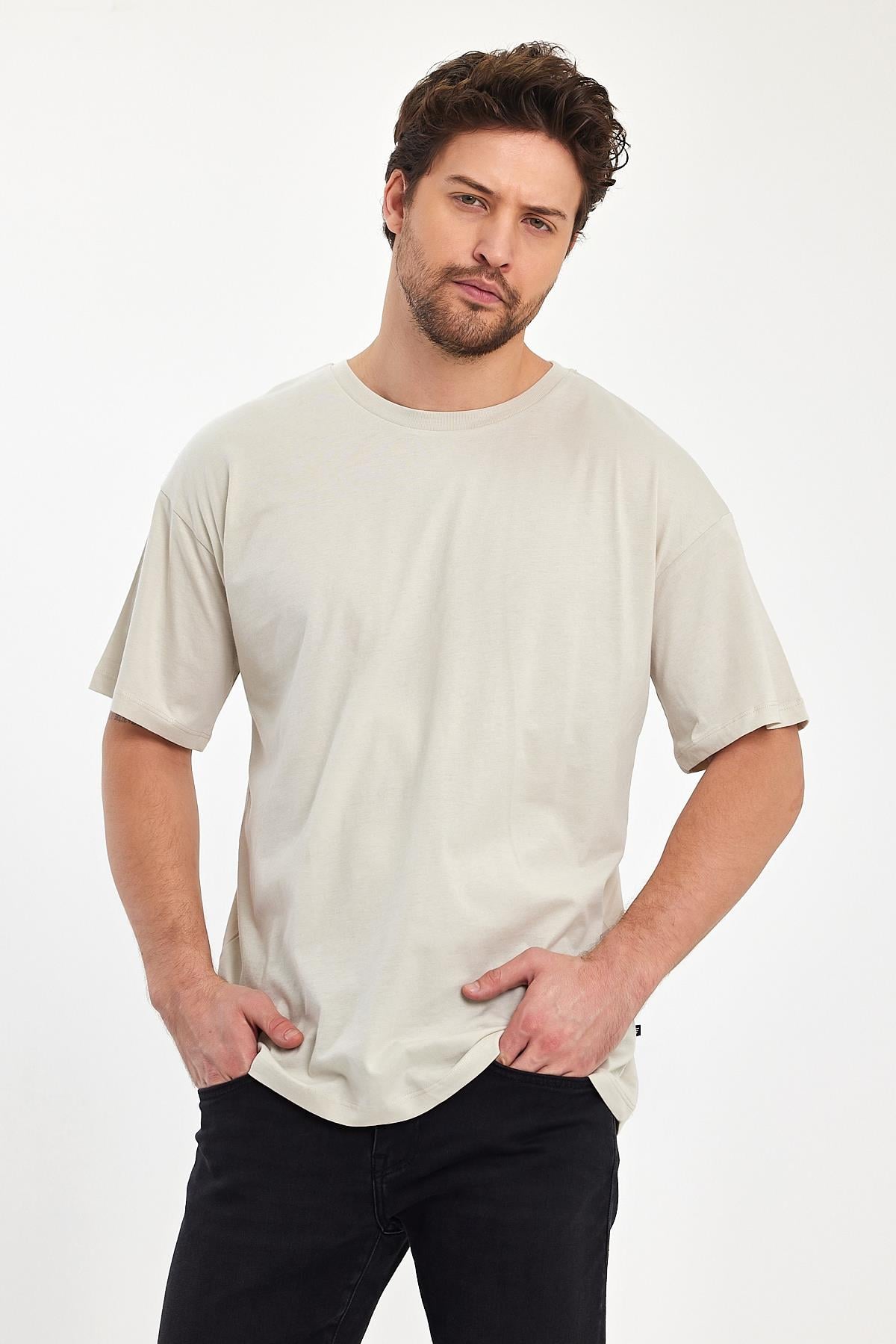FİHA/9030-ERKEK COMPACT PENYE OVERSIZE T-SHIRT - TAŞ