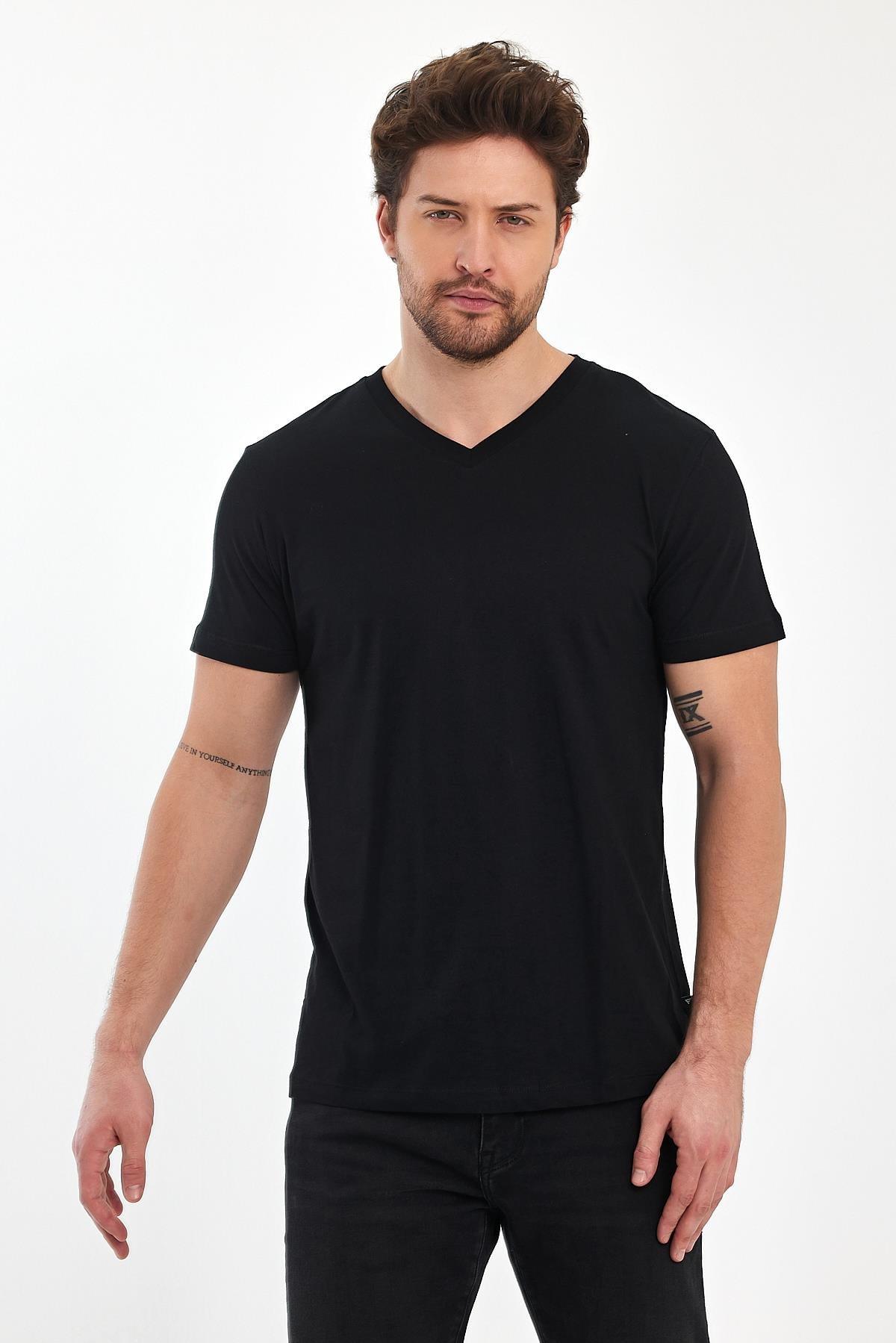 FİHA/9035-ERKEK COMPACT PENYE V YAKA T-SHIRT - SİYAH