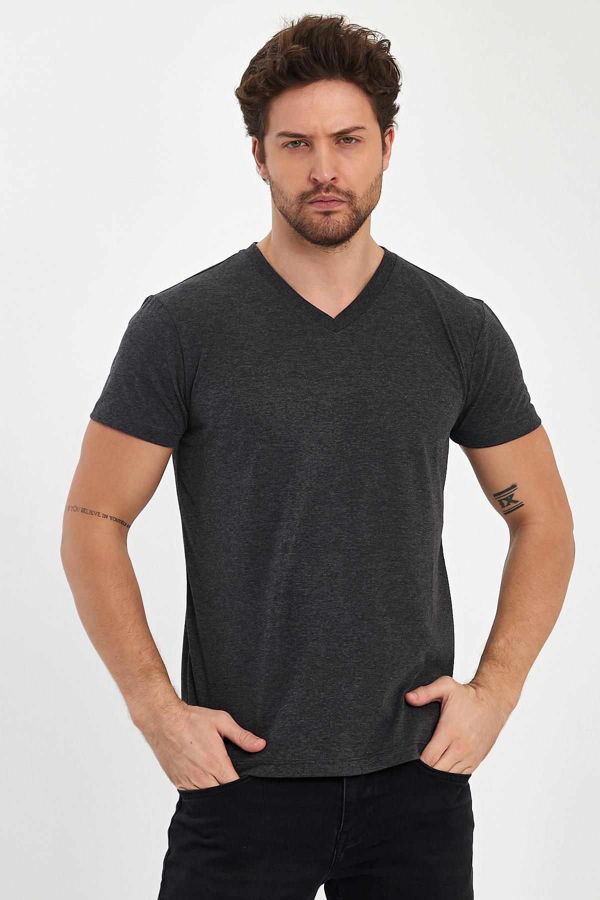 FİHA/9035-ERKEK COMPACT PENYE V YAKA T-SHIRT - ANTRASİT