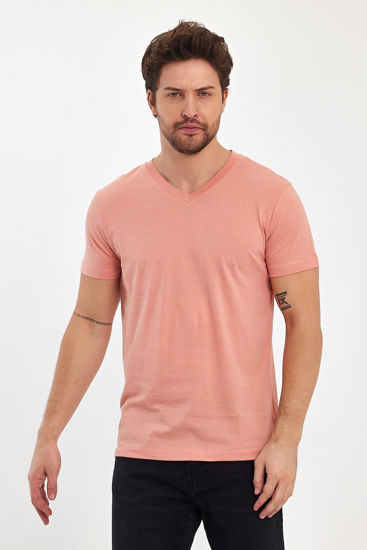 FİHA/9035-ERKEK COMPACT PENYE V YAKA T-SHIRT - APRICOT CRUSH