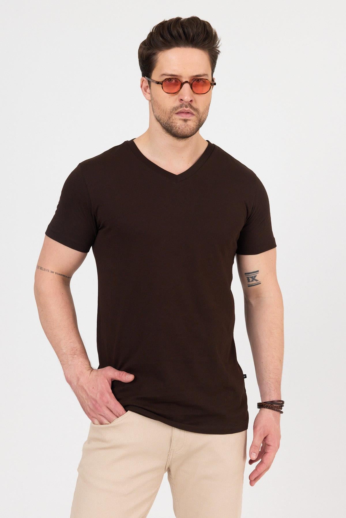 FİHA/9035-ERKEK COMPACT PENYE V YAKA T-SHIRT - KAHVE