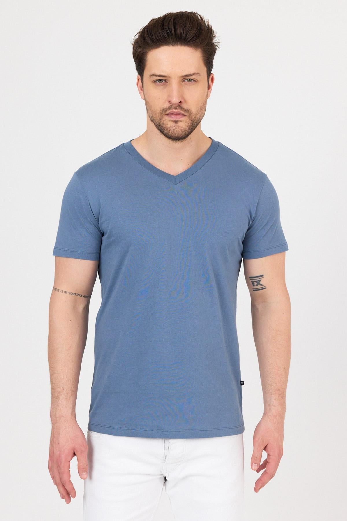FİHA/9035-ERKEK COMPACT PENYE V YAKA T-SHIRT - TURKUAZ