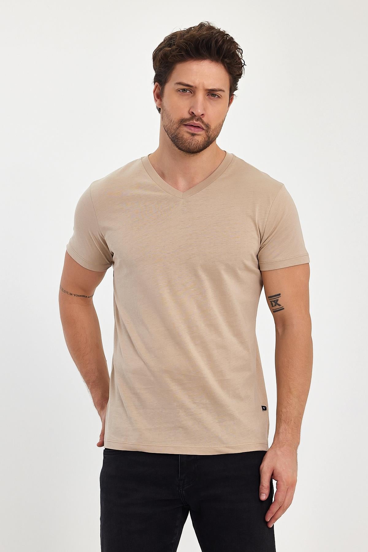 FİHA/9035-ERKEK COMPACT PENYE V YAKA T-SHIRT - OXFORD TAN