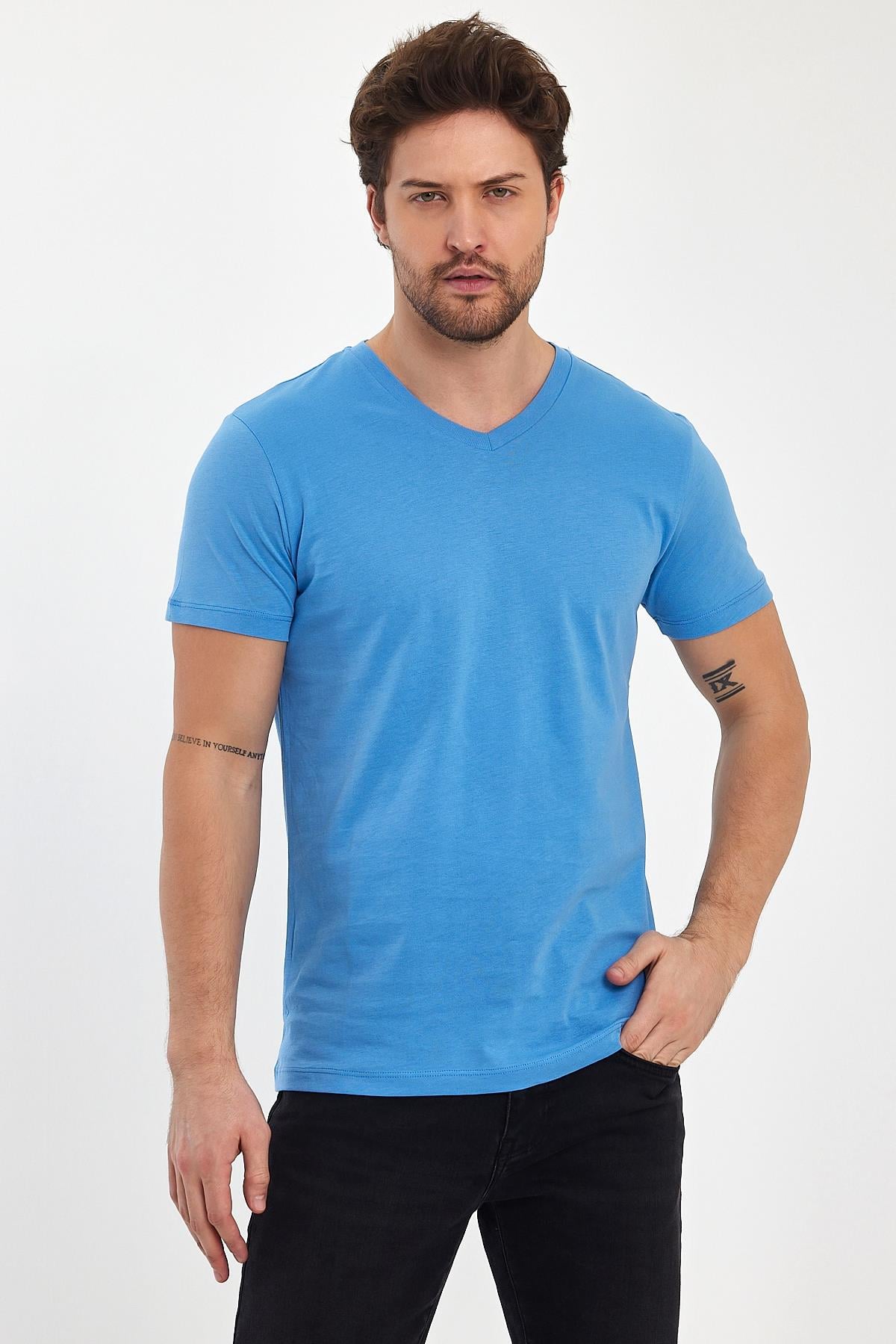 FİHA/9035-ERKEK COMPACT PENYE V YAKA T-SHIRT - LICHEN BLUE