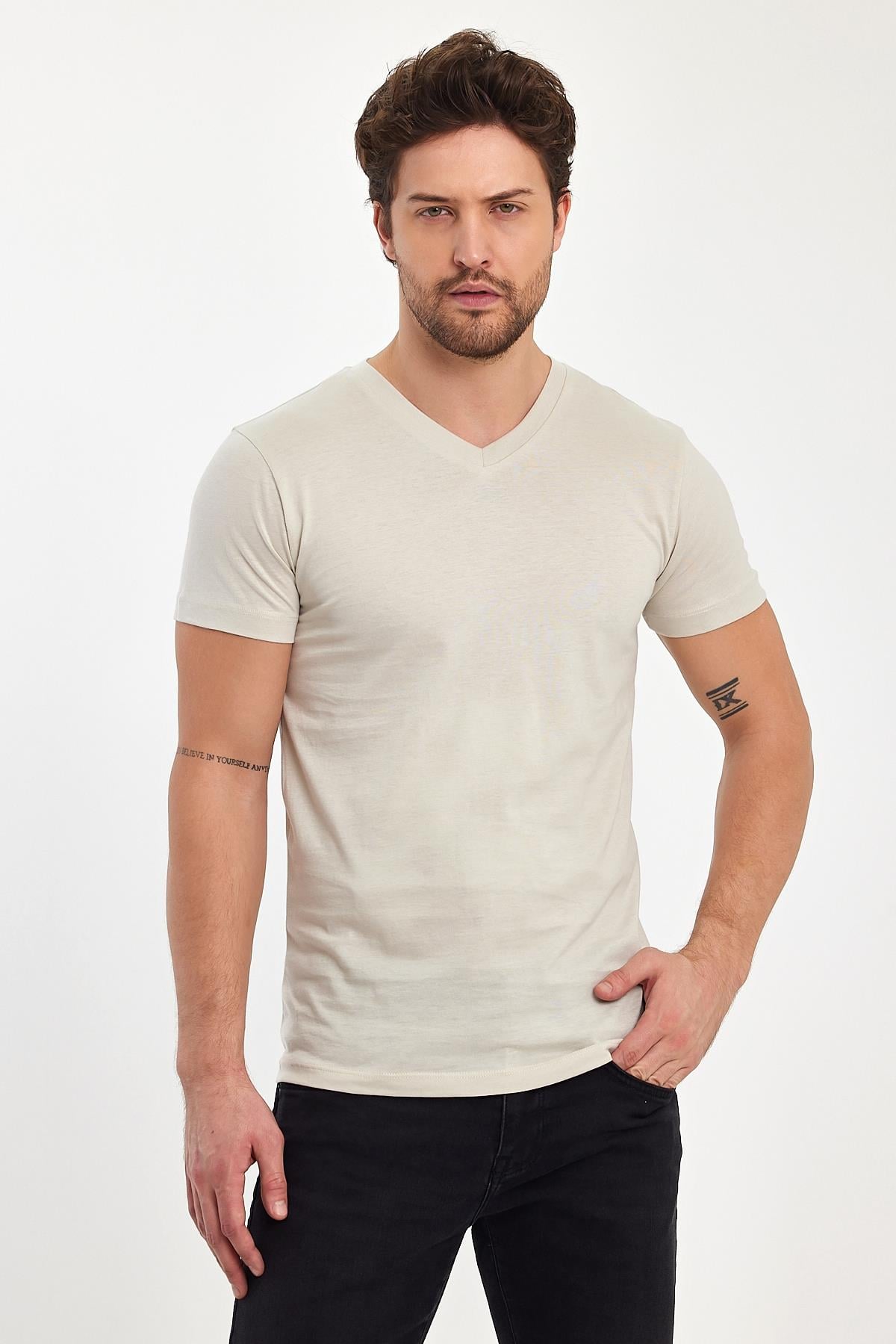 FİHA/9035-ERKEK COMPACT PENYE V YAKA T-SHIRT - TAŞ
