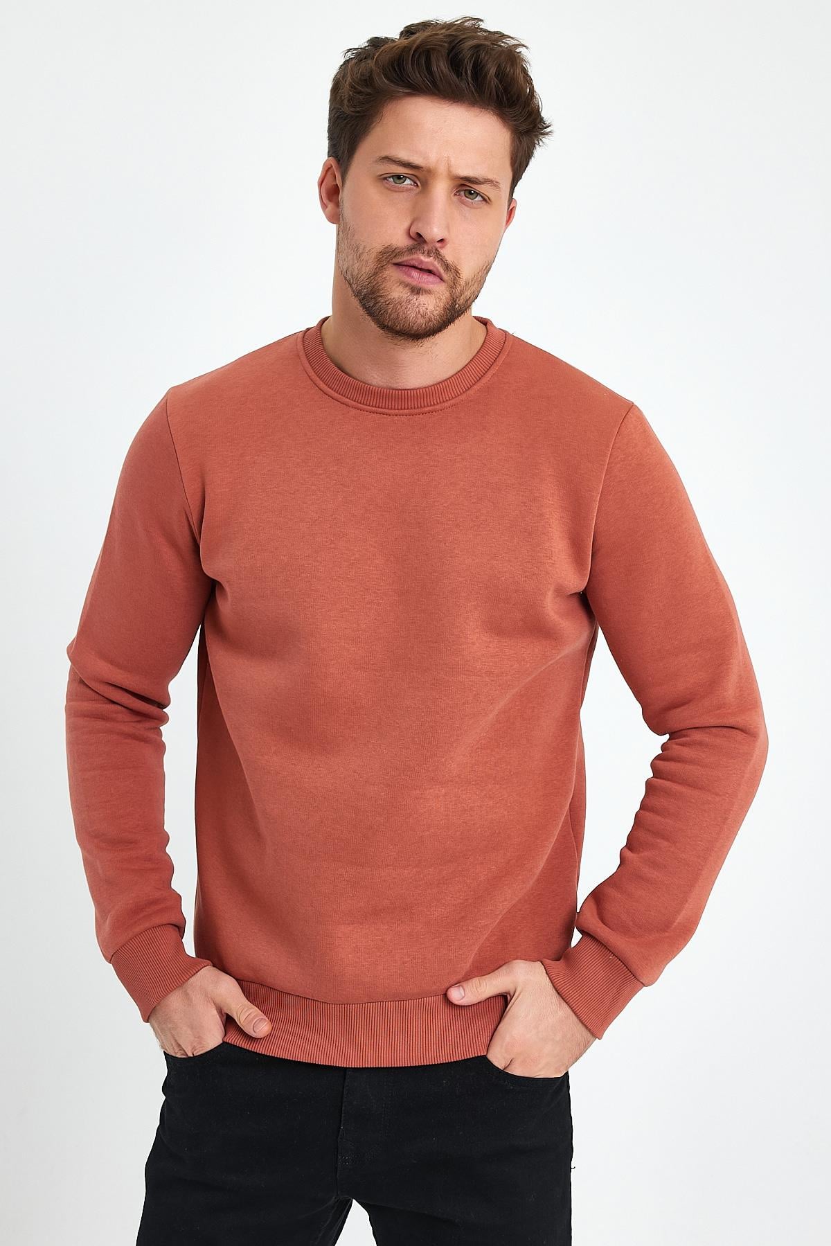 FİHA/9089-ERKEK ŞARDONLU SIFIR YAKA SWEAT - COPPER BROWN