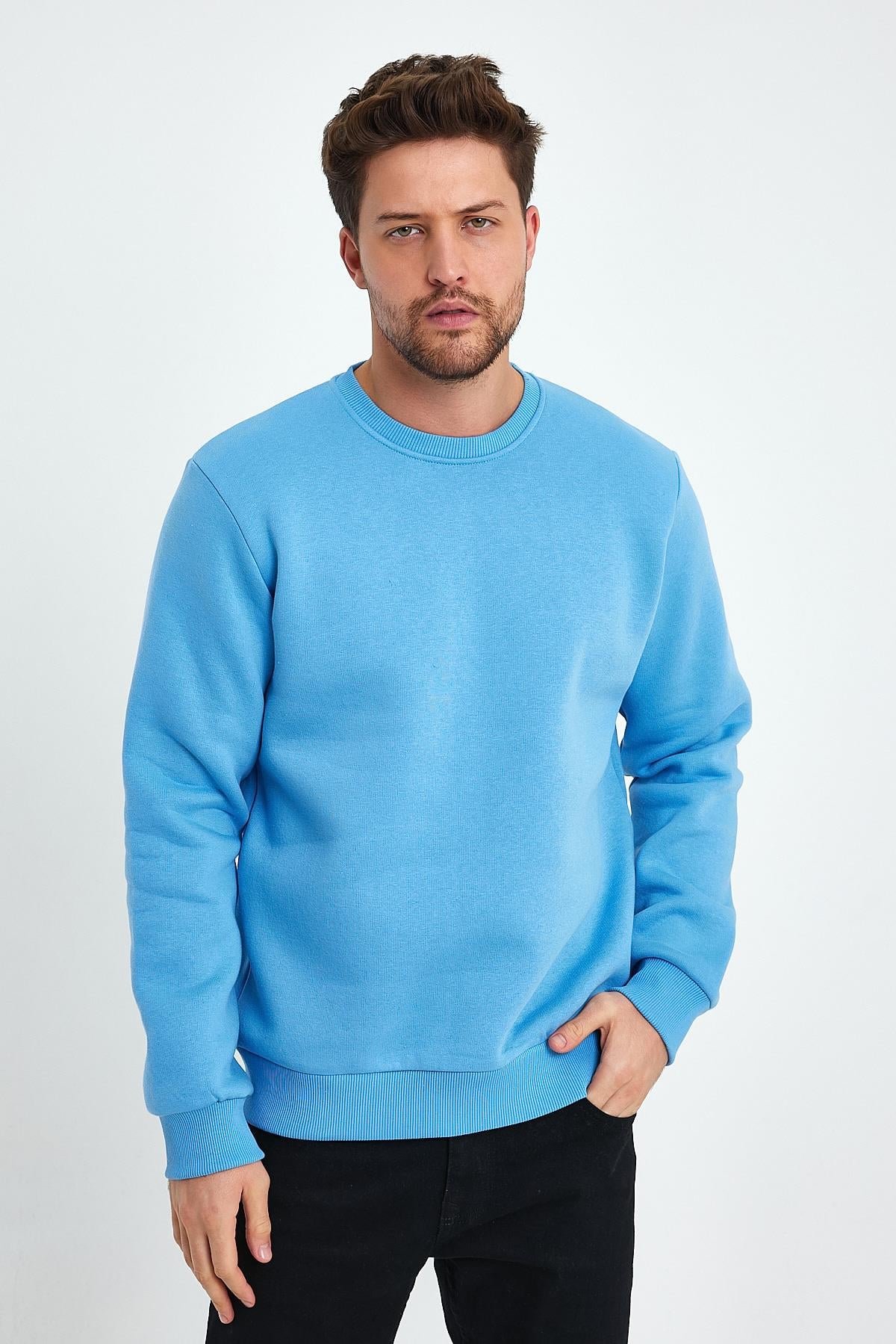 FİHA/9089-ERKEK ŞARDONLU SIFIR YAKA SWEAT - LICHEN BLUE