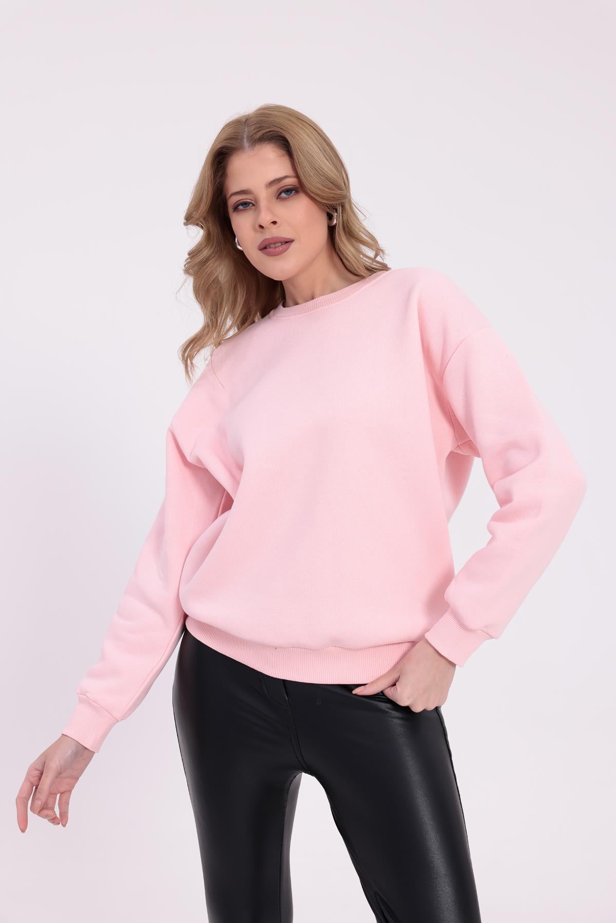 FİHA/9091-KADIN ŞARDONLU OVERSIZE SIFIR YAKA SWEAT - PEMBE