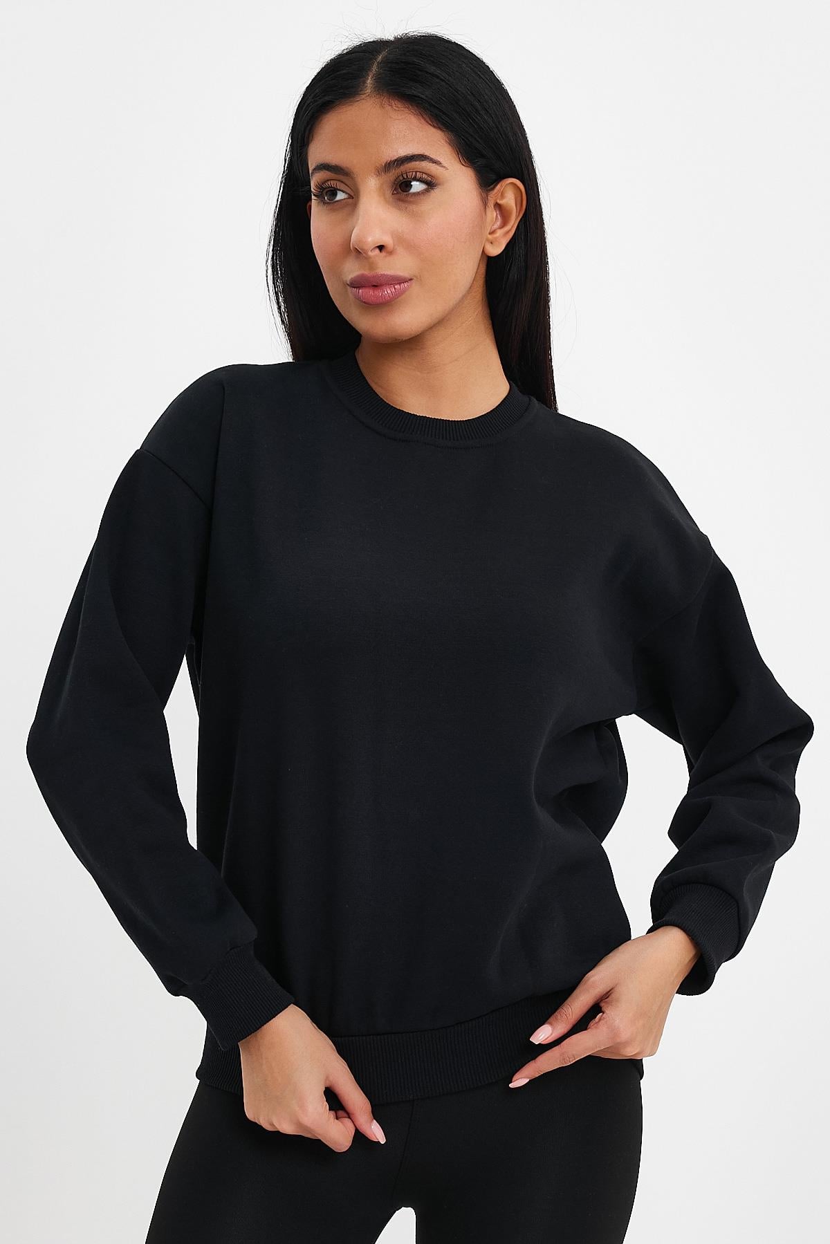 FİHA/9091-KADIN ŞARDONLU OVERSIZE SIFIR YAKA SWEAT - SİYAH