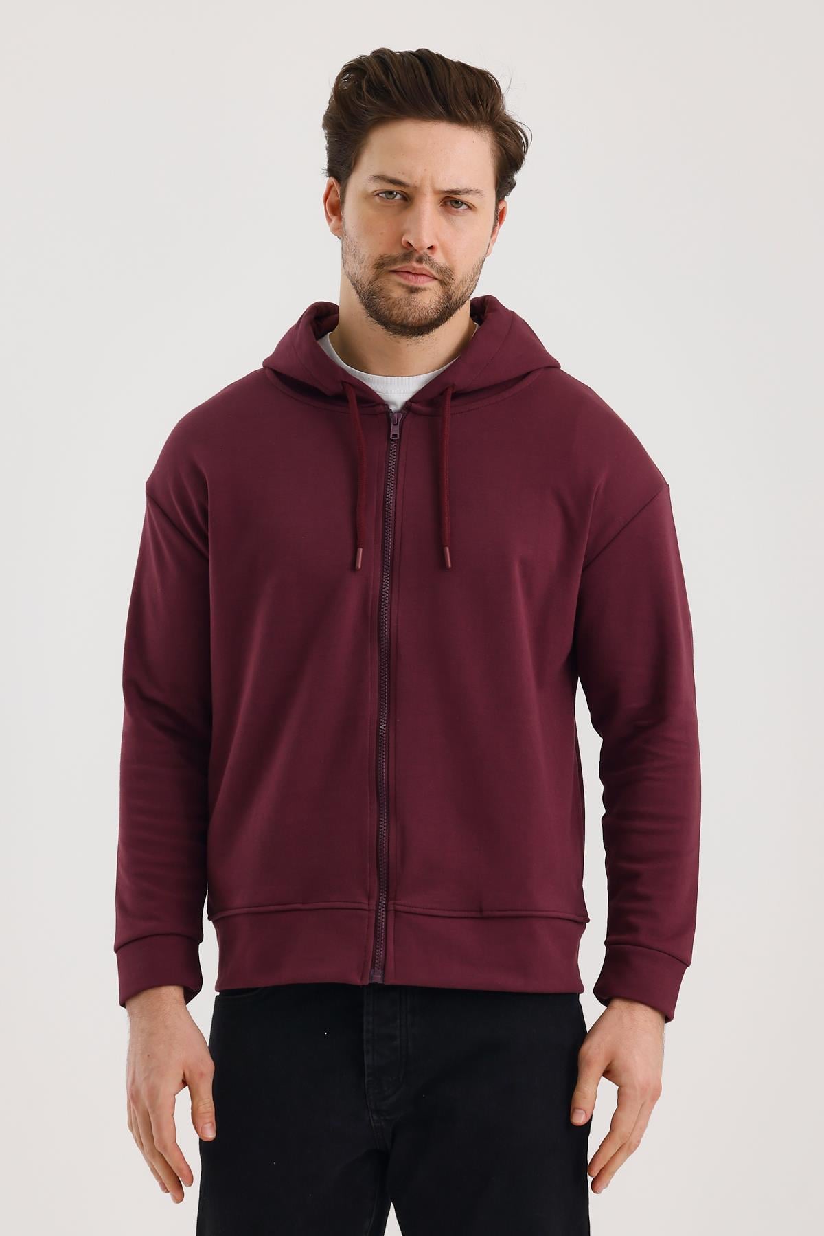 FİHA/9108-UNISEX KAPŞONLU FERMUARLI YANDAN GİRME CEPLİ SWEAT - MAUVE WINE