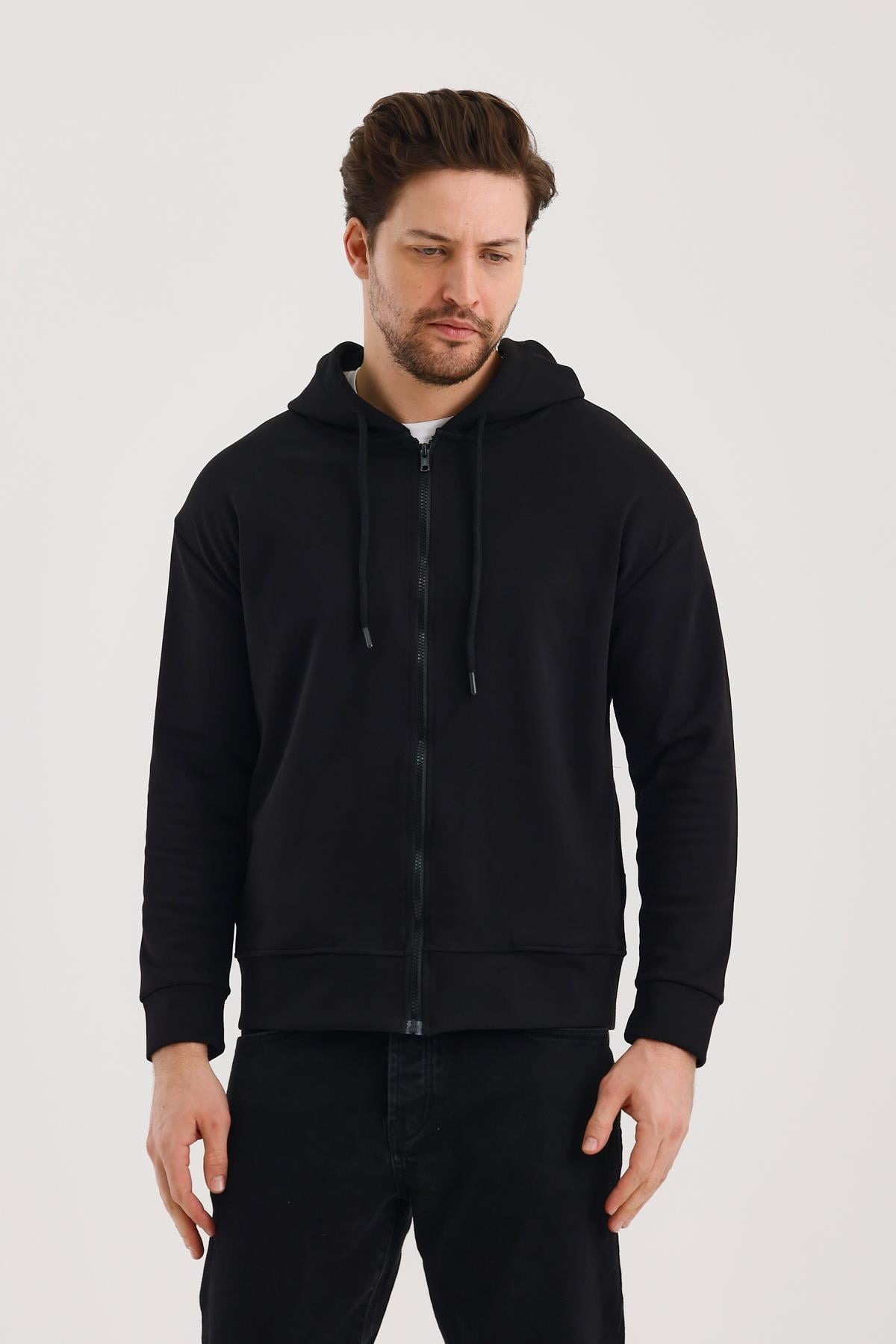 FİHA/9108-UNISEX KAPŞONLU FERMUARLI YANDAN GİRME CEPLİ SWEAT - SİYAH