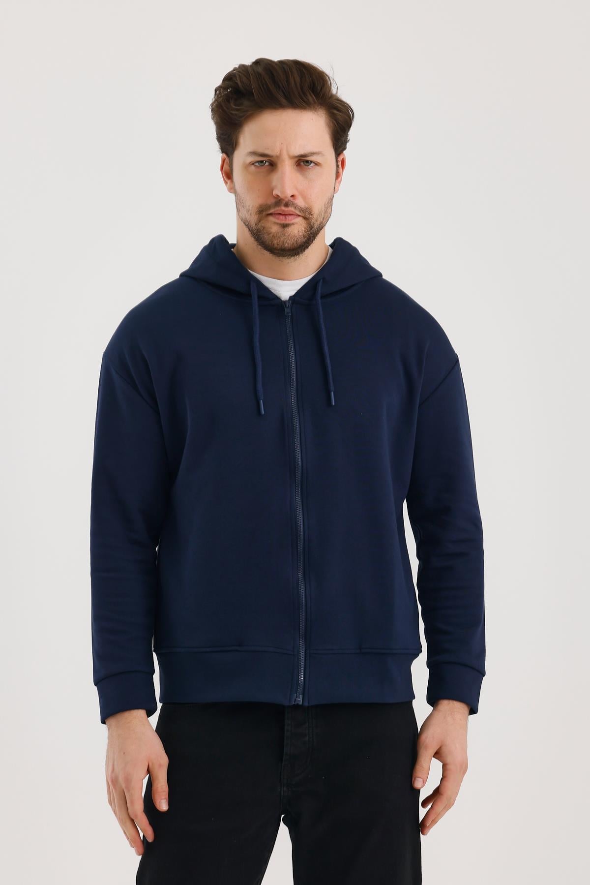 FİHA/9108-UNISEX KAPŞONLU FERMUARLI YANDAN GİRME CEPLİ SWEAT - LACİVERT