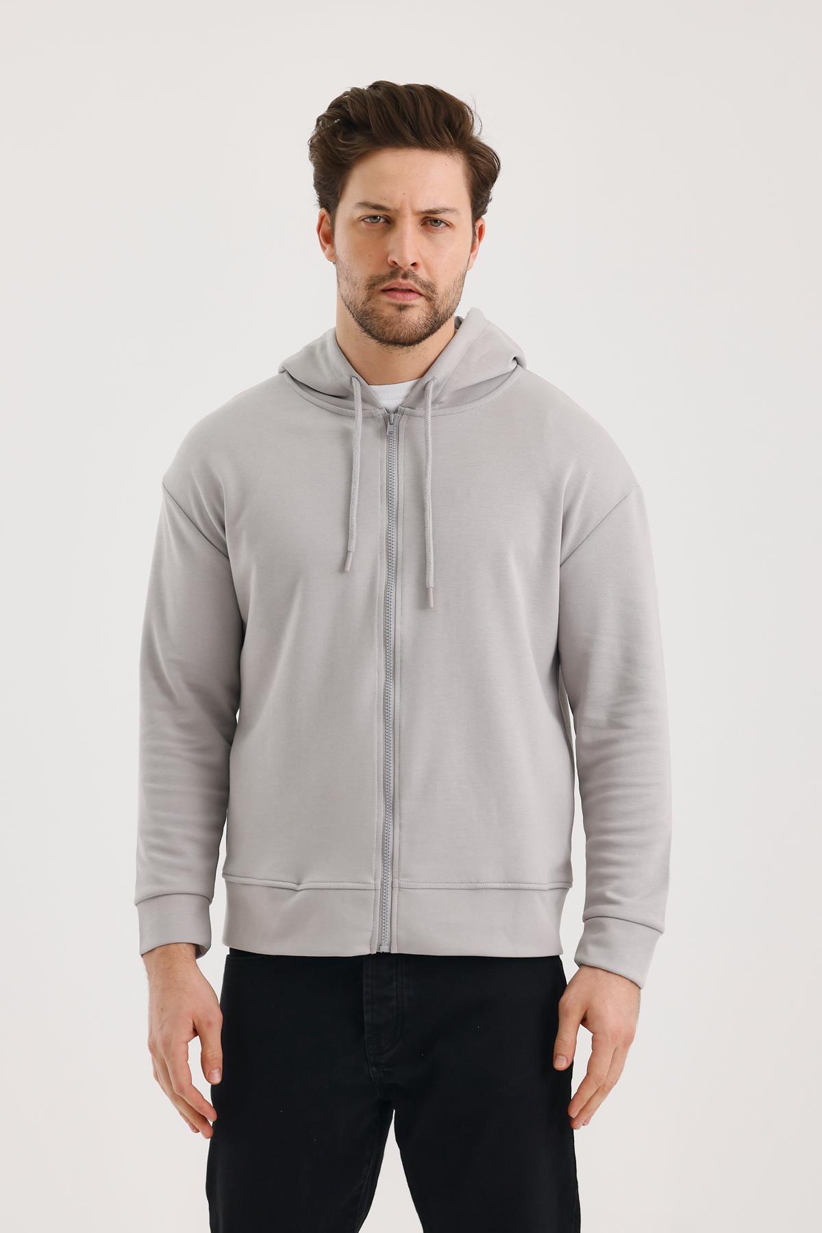 FİHA/9108-UNISEX KAPŞONLU FERMUARLI YANDAN GİRME CEPLİ SWEAT - GRİ