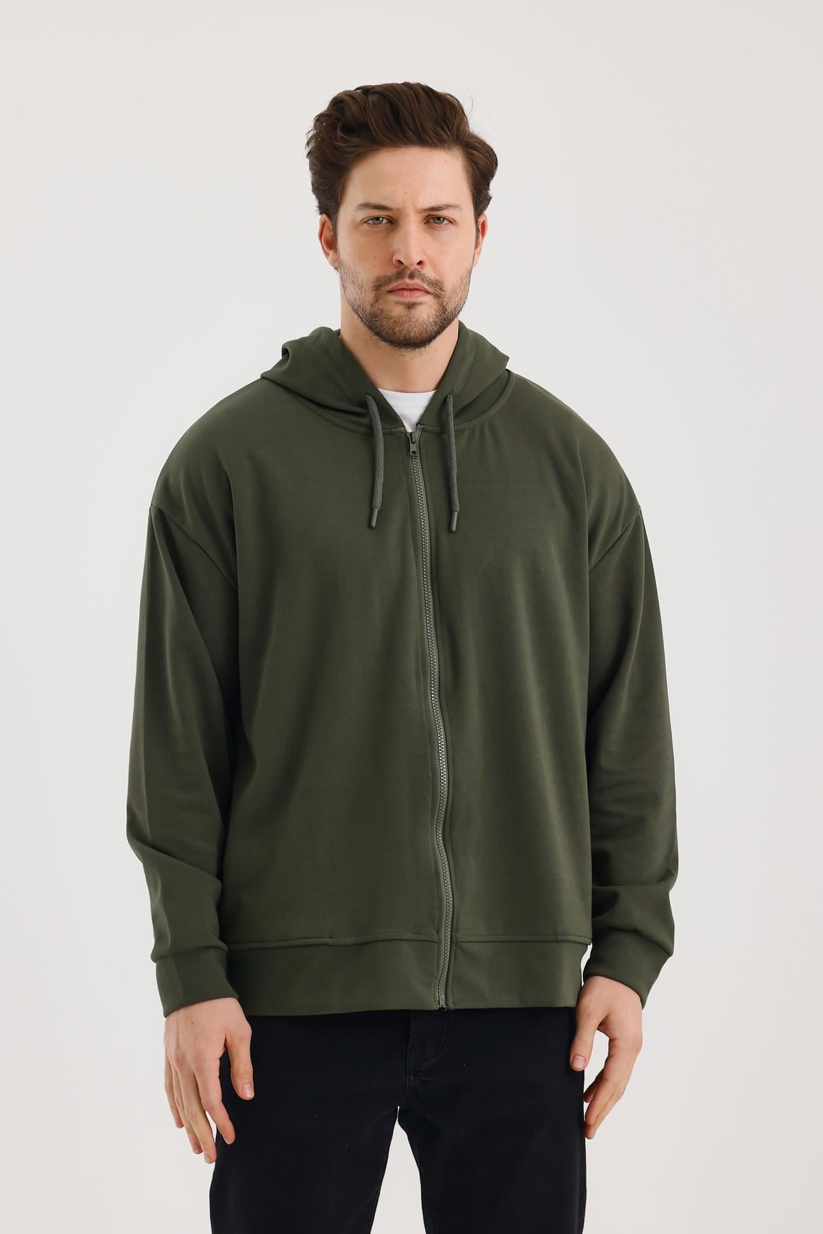 FİHA/9108-UNISEX KAPŞONLU FERMUARLI YANDAN GİRME CEPLİ SWEAT - HAKİ