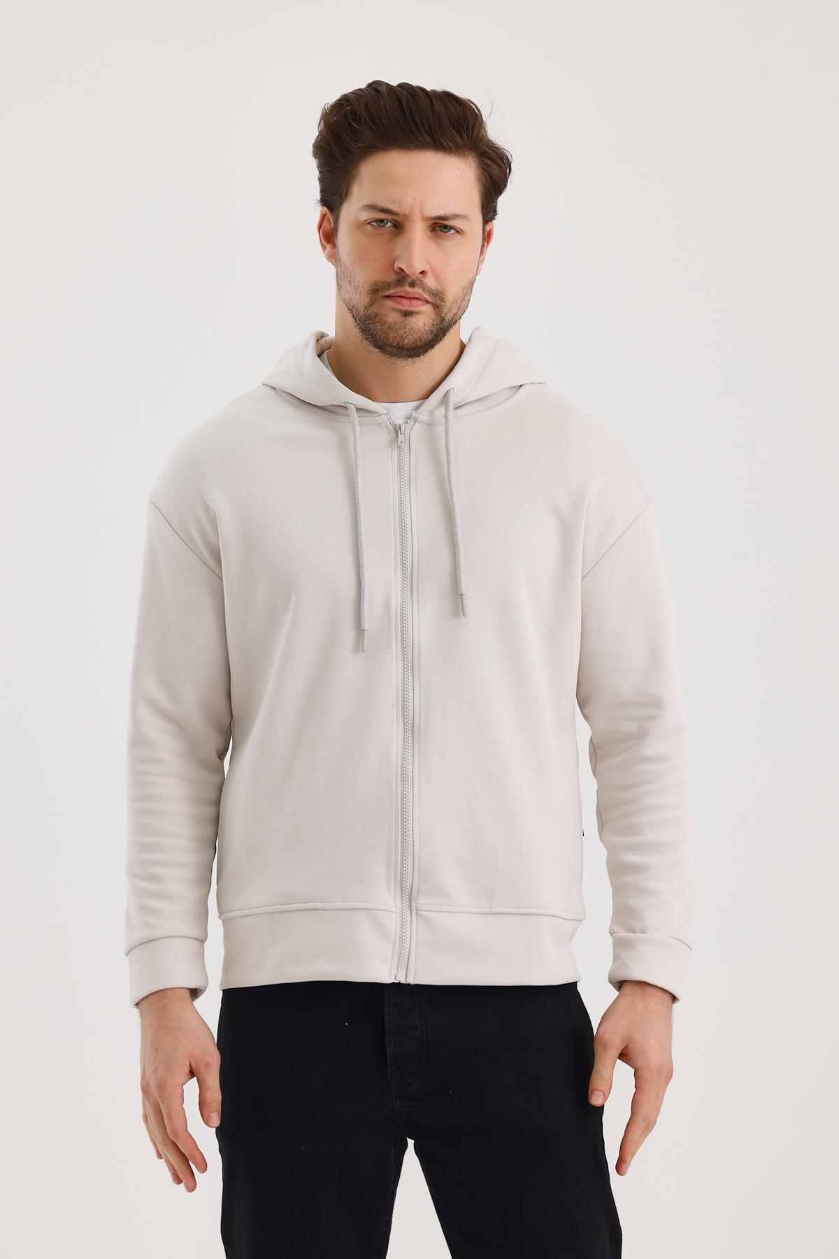 FİHA/9108-UNISEX KAPŞONLU FERMUARLI YANDAN GİRME CEPLİ SWEAT - TAŞ