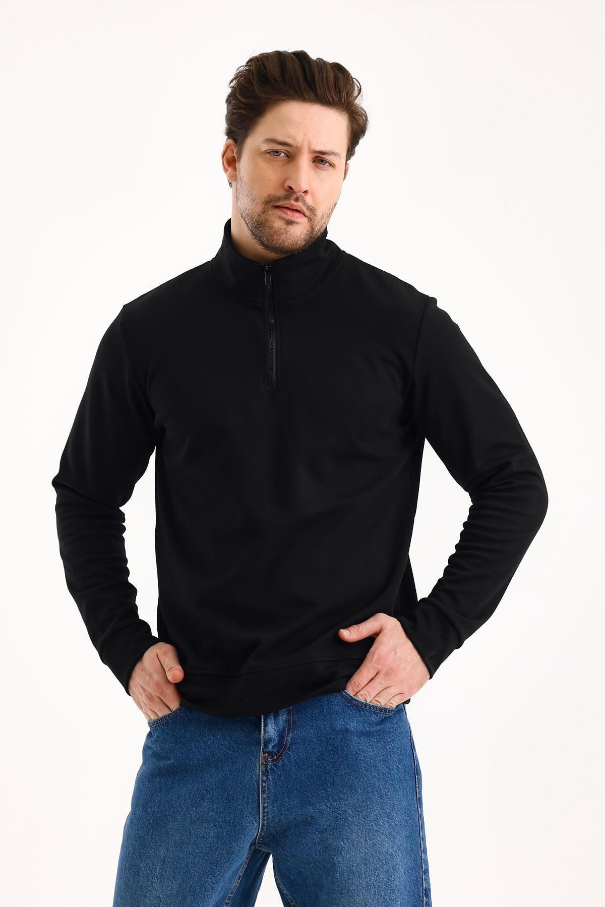 FİHA/9112-UNISEX YARIM FERMUARLI DİK YAKA SWEAT - SİYAH