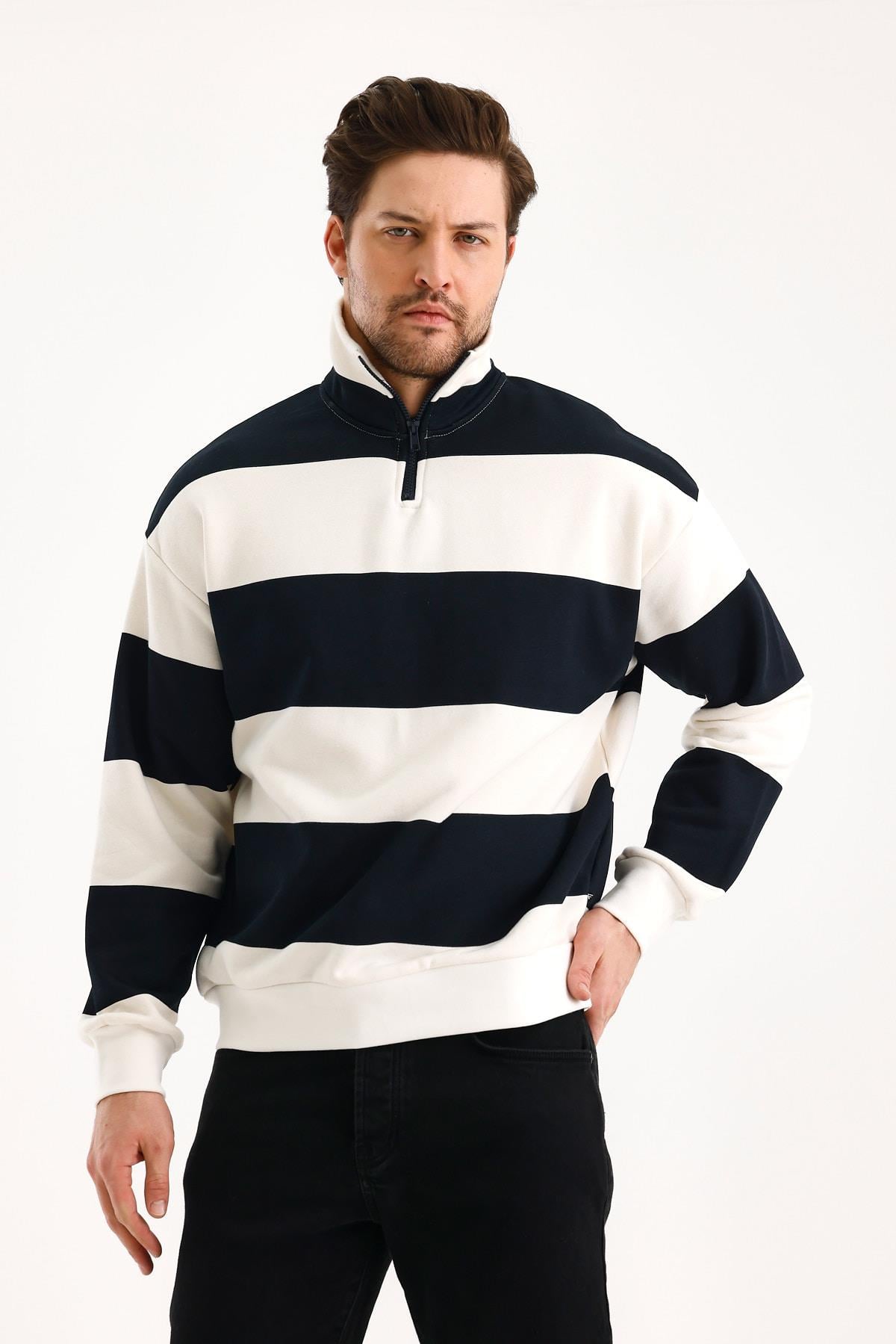 FİHA/9115-DİK YAKA YARIM FERMUARLI 3 İPLİK ÇİZGİLİ SWEAT - LACİVERT/OFF WHİTE