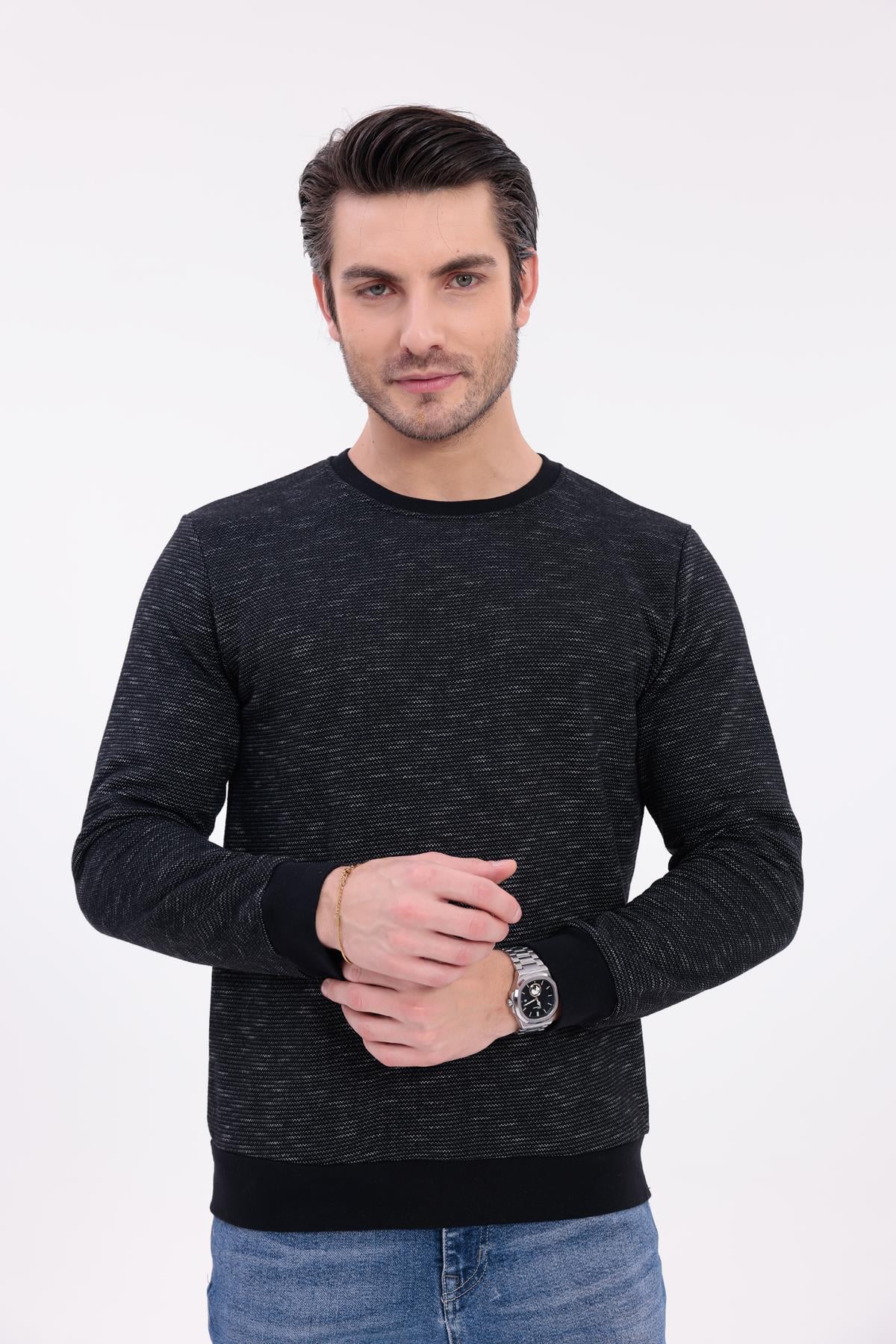 FİHA/9127-ERKEK FLAMLI SIFIR YAKA SWEAT - SİYAH