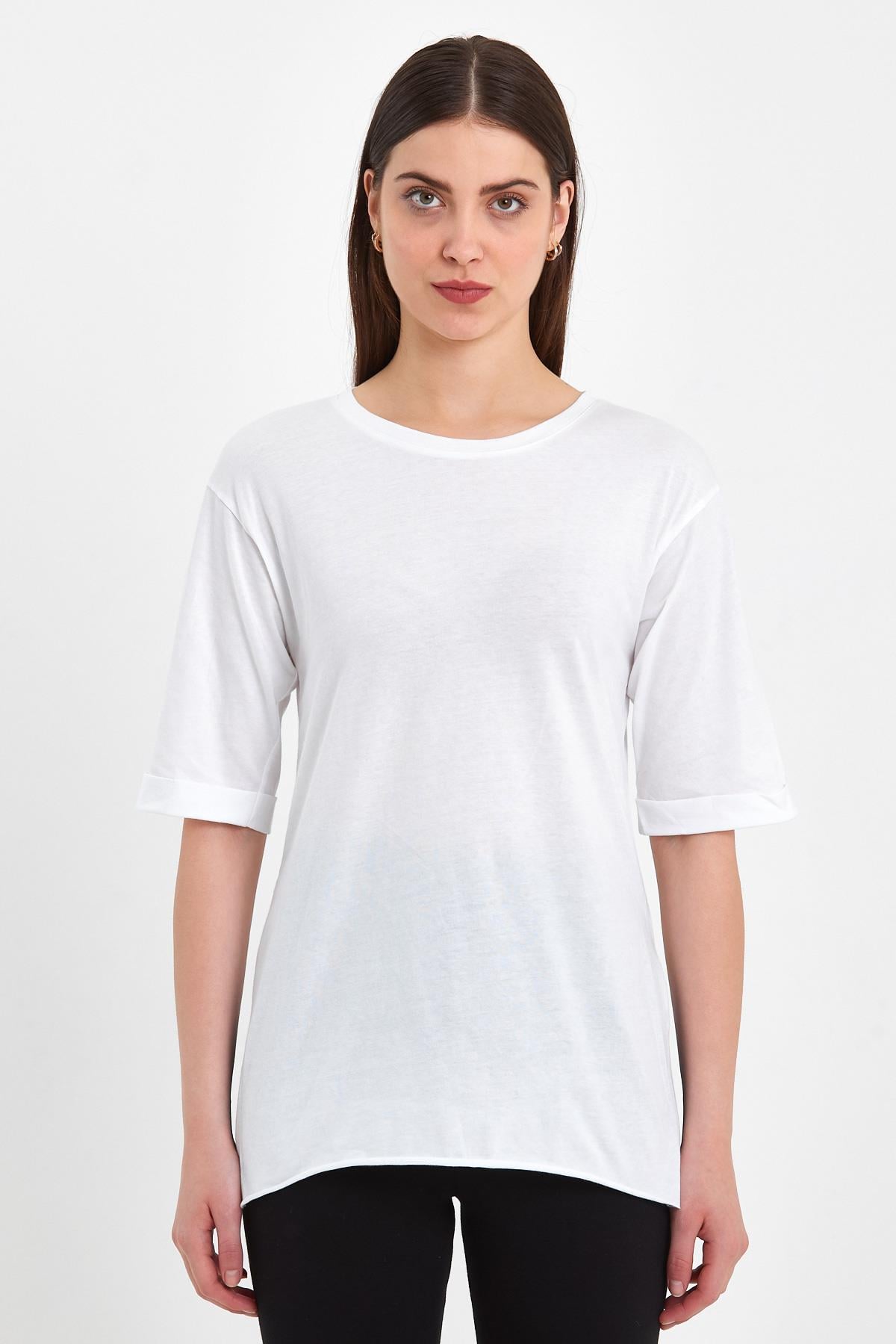 FİHA/AŞAK-4619 KADIN DUBLE KOL YANI YIRTMAÇLI SIFIR YAKA T-SHIRT - BEYAZ