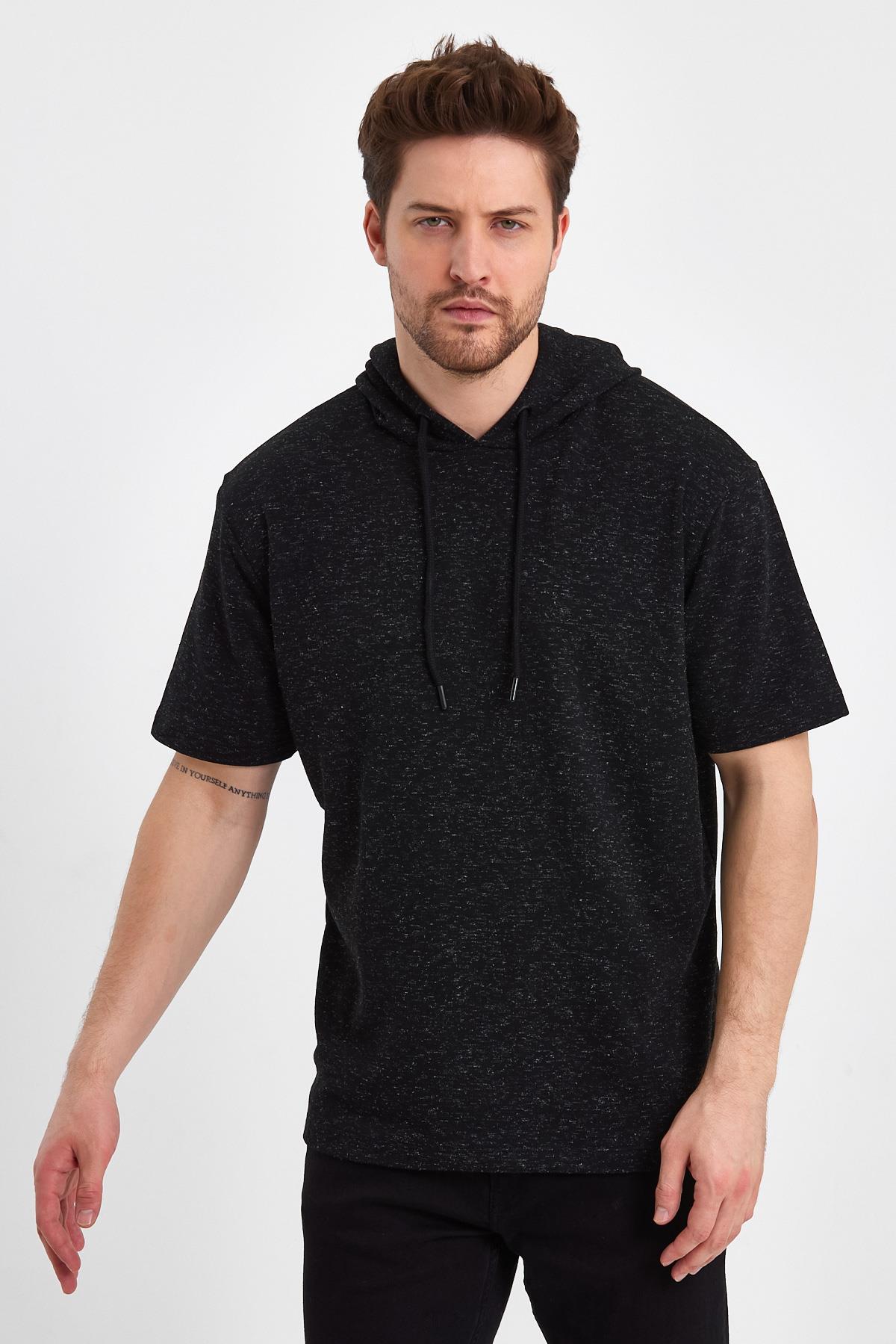 FİHA/BAZAR-7009 ERKEK KAPŞONLU KISSA KOL T-SHIRT - SİYAH