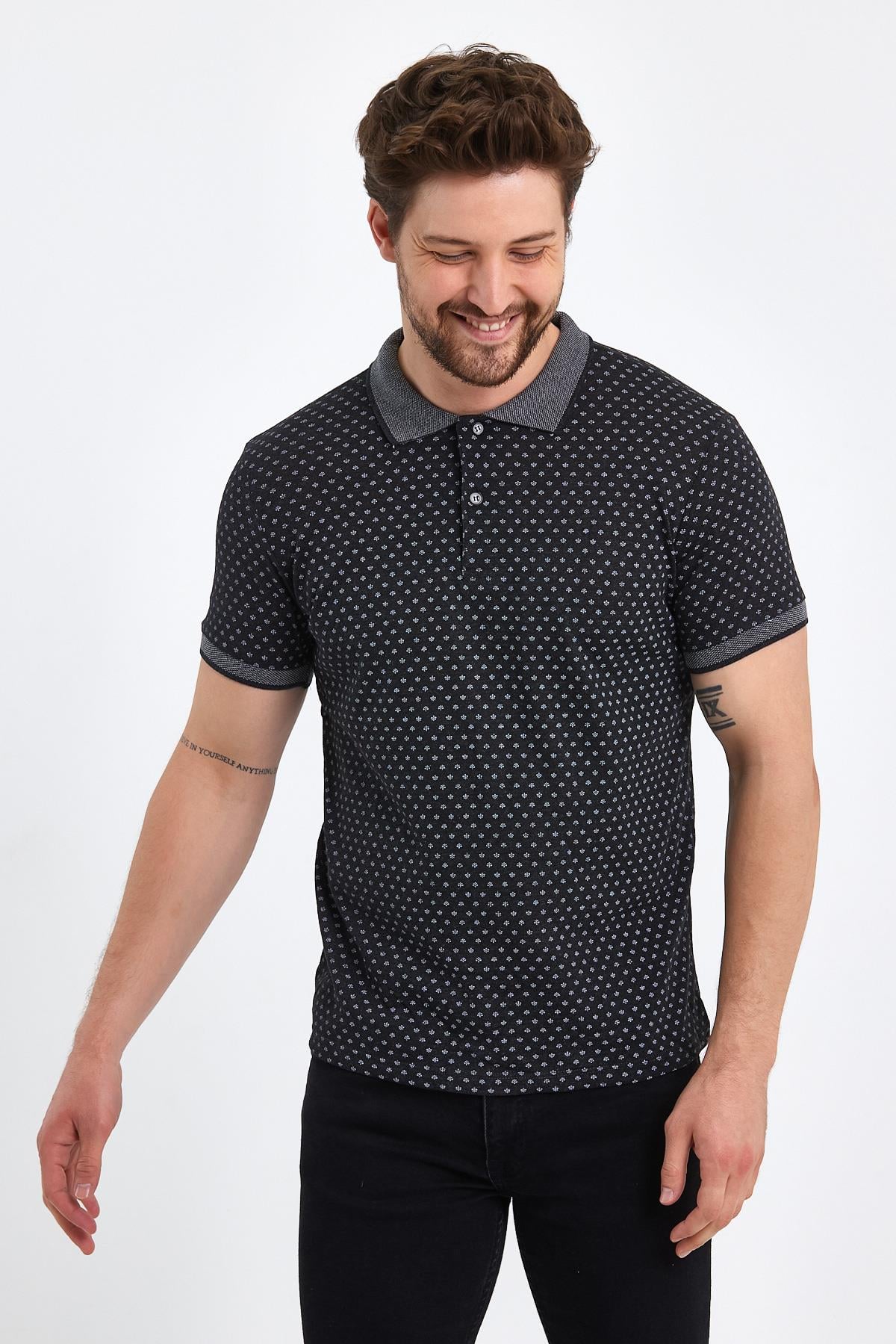 FİHA/DAYANÇA-8509 ERKEK DESENLİ  POLA YAKA T-SHIRT - ANTRASİT