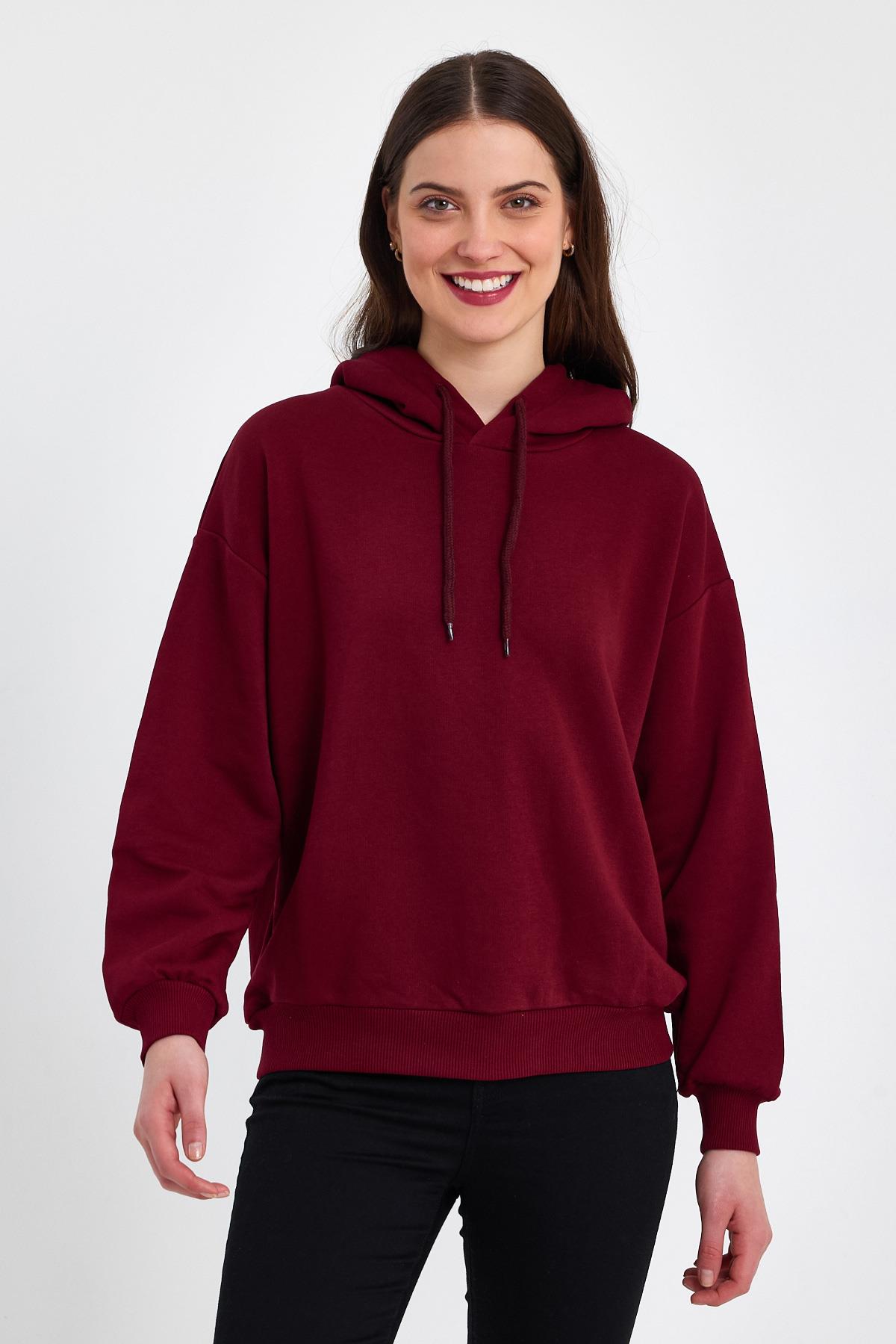 FİHA/DİDİNMEK-5010 KADIN ŞARDONSUZ KAPŞONLU OVERSIZE SWEAT - BORDO