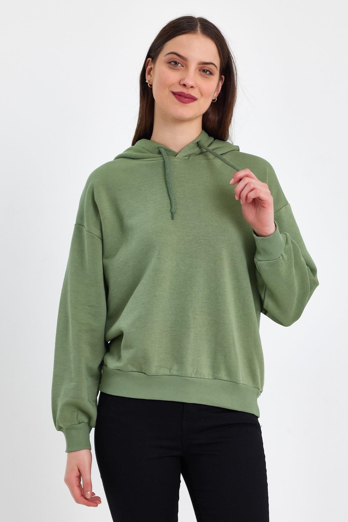 FİHA/DİDİNMEK-5010 KADIN ŞARDONSUZ KAPŞONLU OVERSIZE SWEAT - YEŞİL