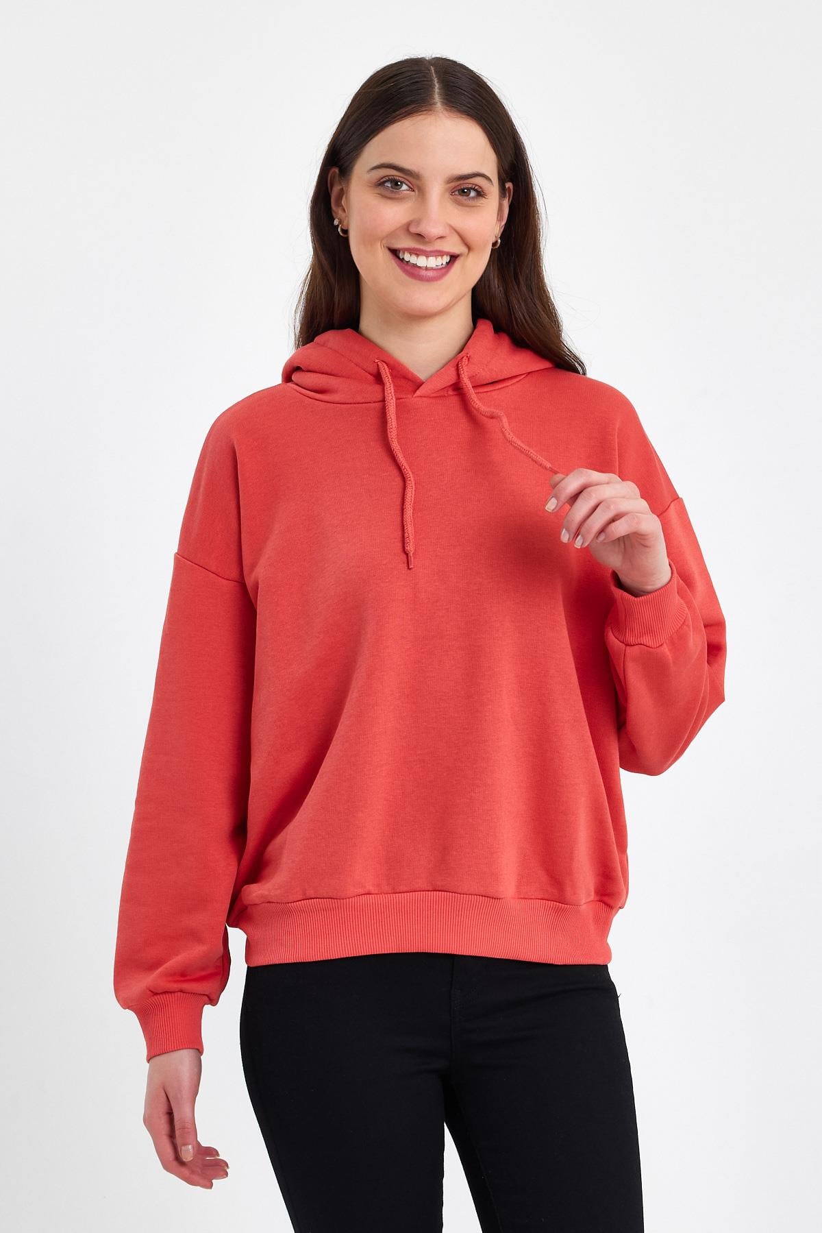 FİHA/DİDİNMEK-5010 KADIN ŞARDONSUZ KAPŞONLU OVERSIZE SWEAT - KIRMIZI