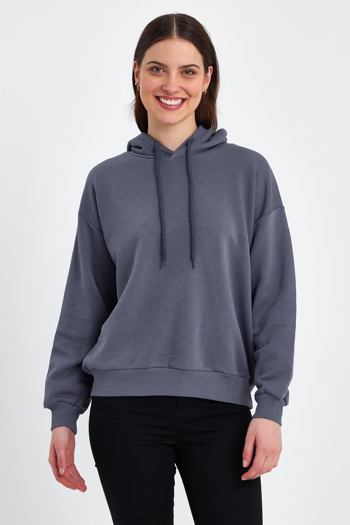 FİHA/DİDİNMEK-5010 KADIN ŞARDONSUZ KAPŞONLU OVERSIZE SWEAT - İNDİGO