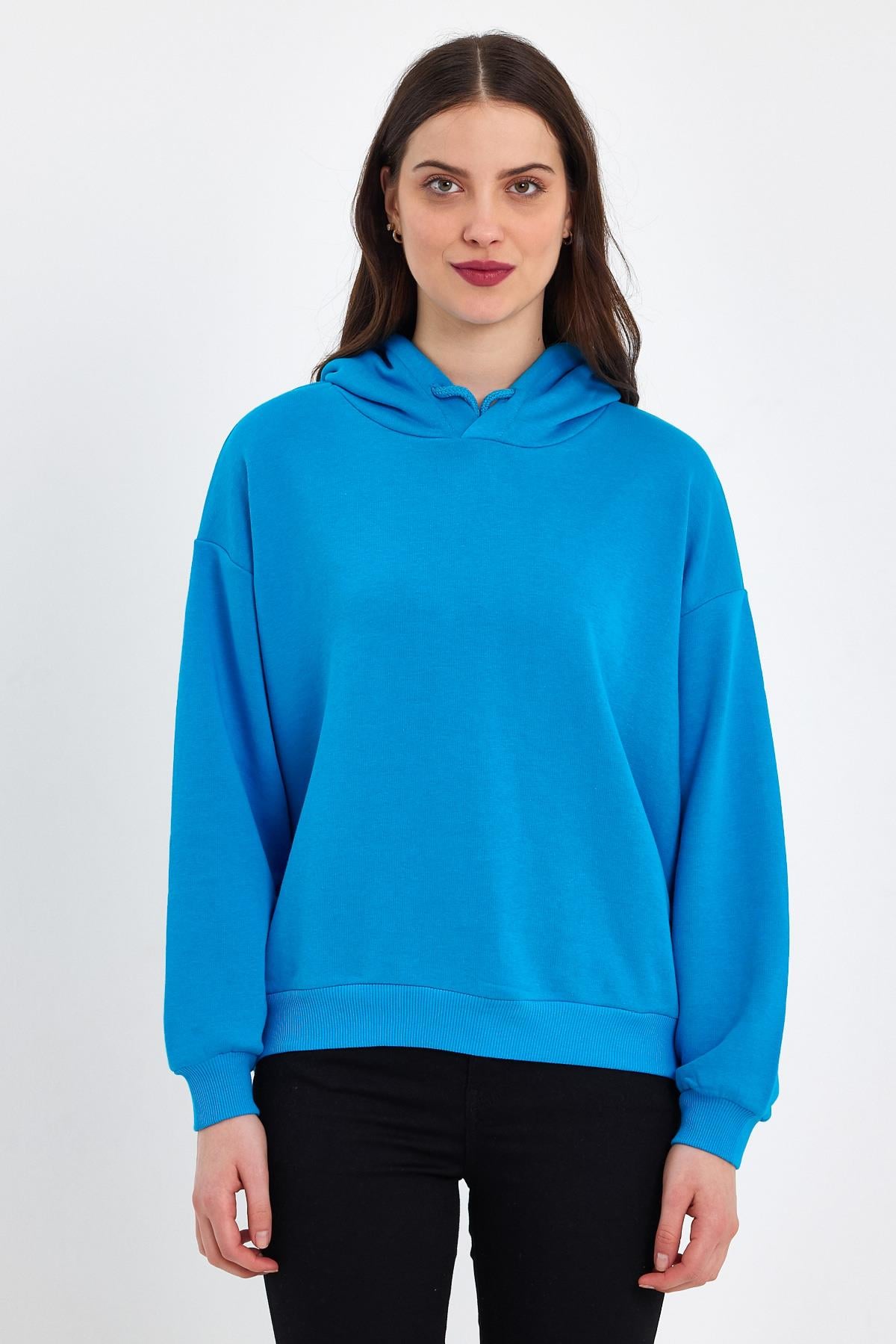 FİHA/DİDİNMEK-5010 KADIN ŞARDONSUZ OVERSIZE KAPŞONLU SWEAT - MAVİ
