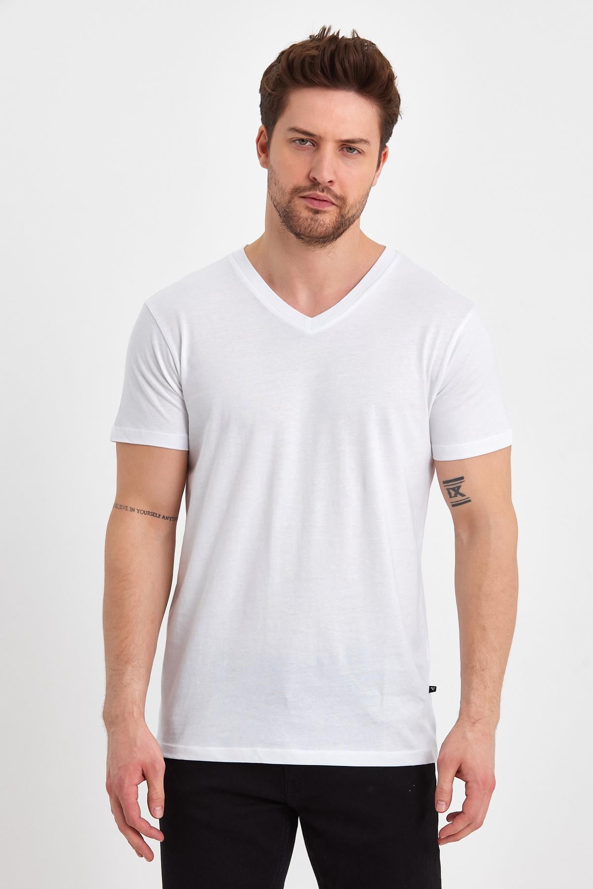 FİHA/GADAKLI-9035 ERKEK V YAKA KOMPAK T-SHIRT - BEYAZ 