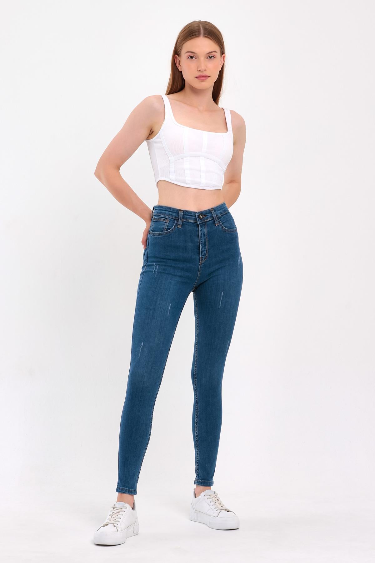 FİHA/HERDEM-4345 KADIN TIRNAKLI TAŞLAMALI JEANS - MAVİ 