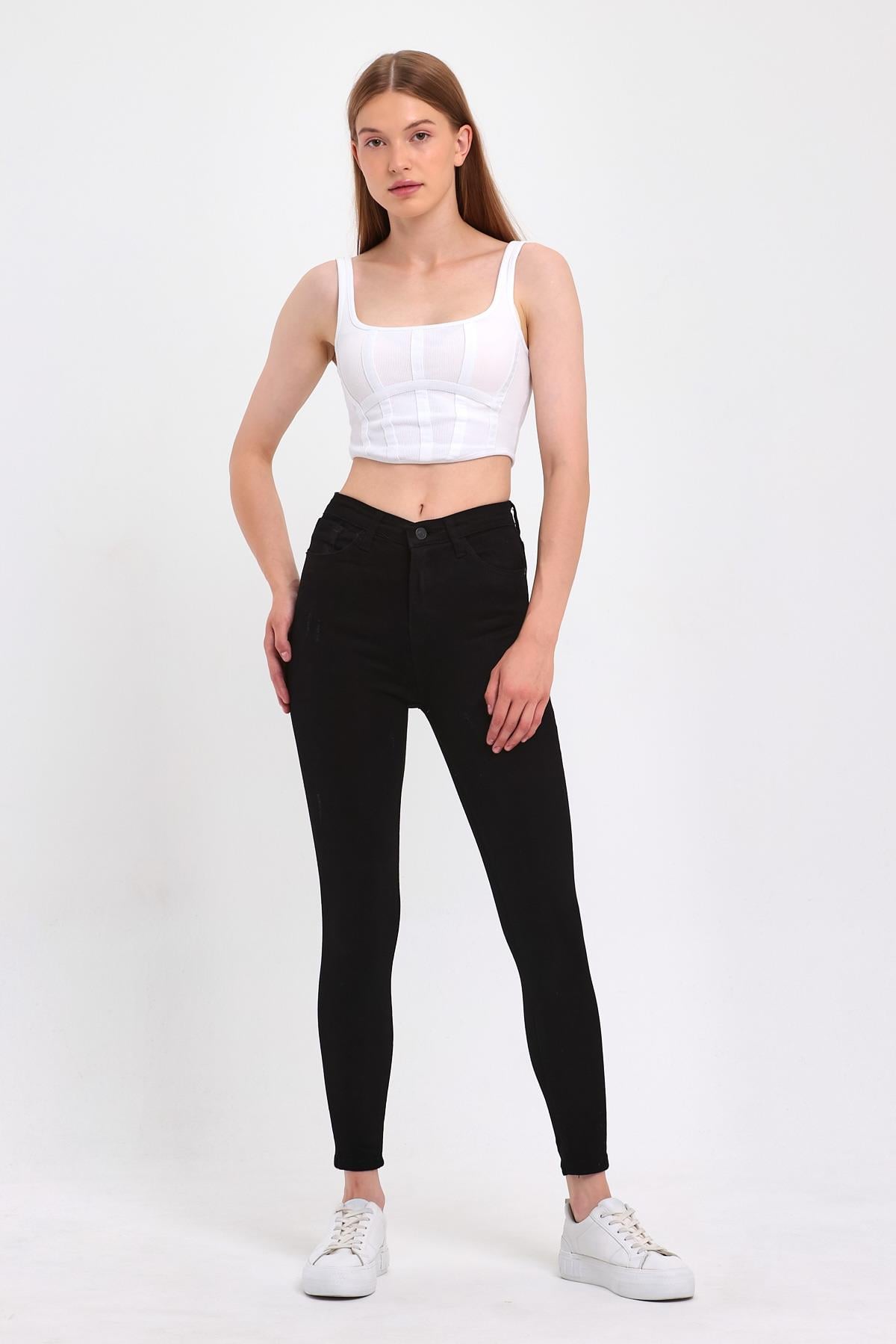 FİHA/HERDEM-4345 KADIN TIRNAKLI TAŞLAMALI JEANS - SİYAH