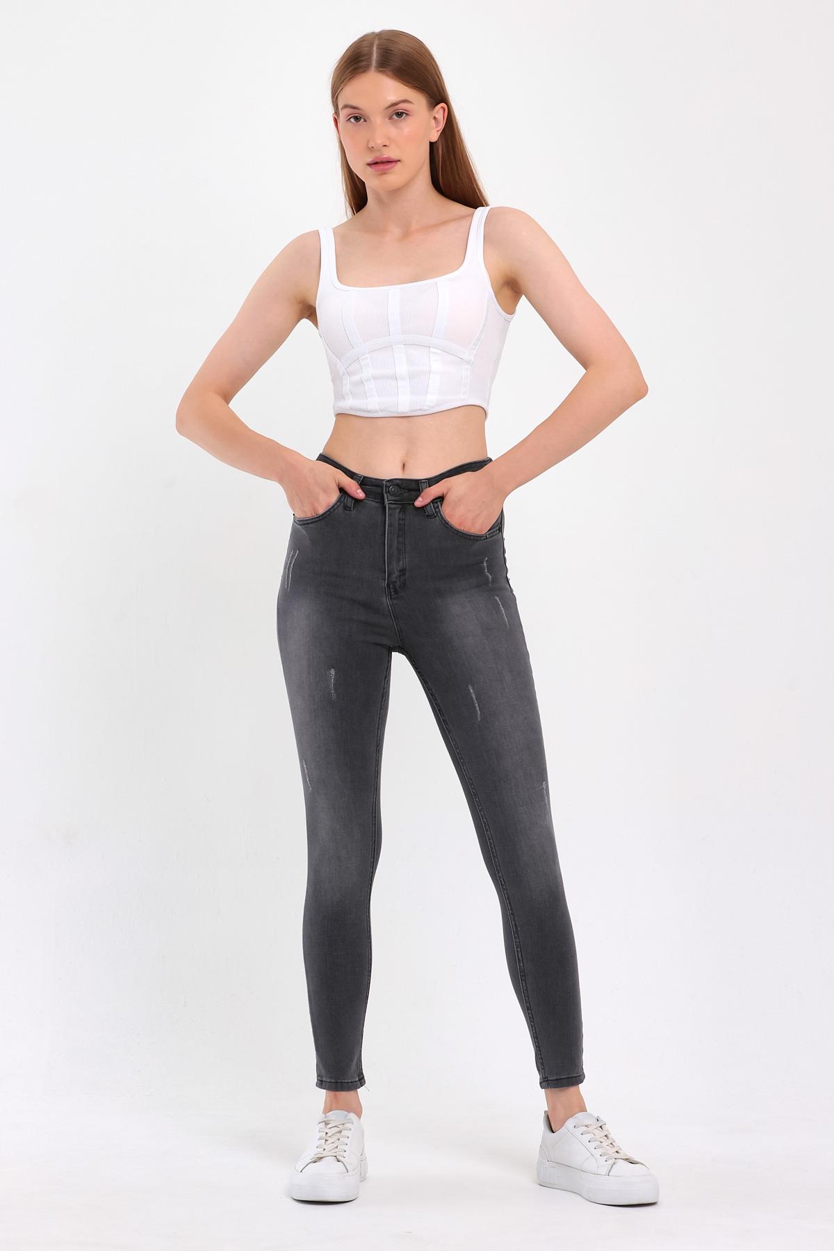 FİHA/HERDEM-4345 KADIN TIRNAKLI TAŞLAMALI JEANS - GRİ 