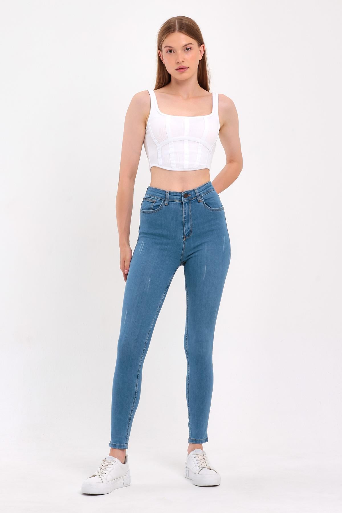 FİHA/HERDEM-4345 KADIN TIRNAKLI TAŞLAMALI JEANS - AÇIK MAVİ