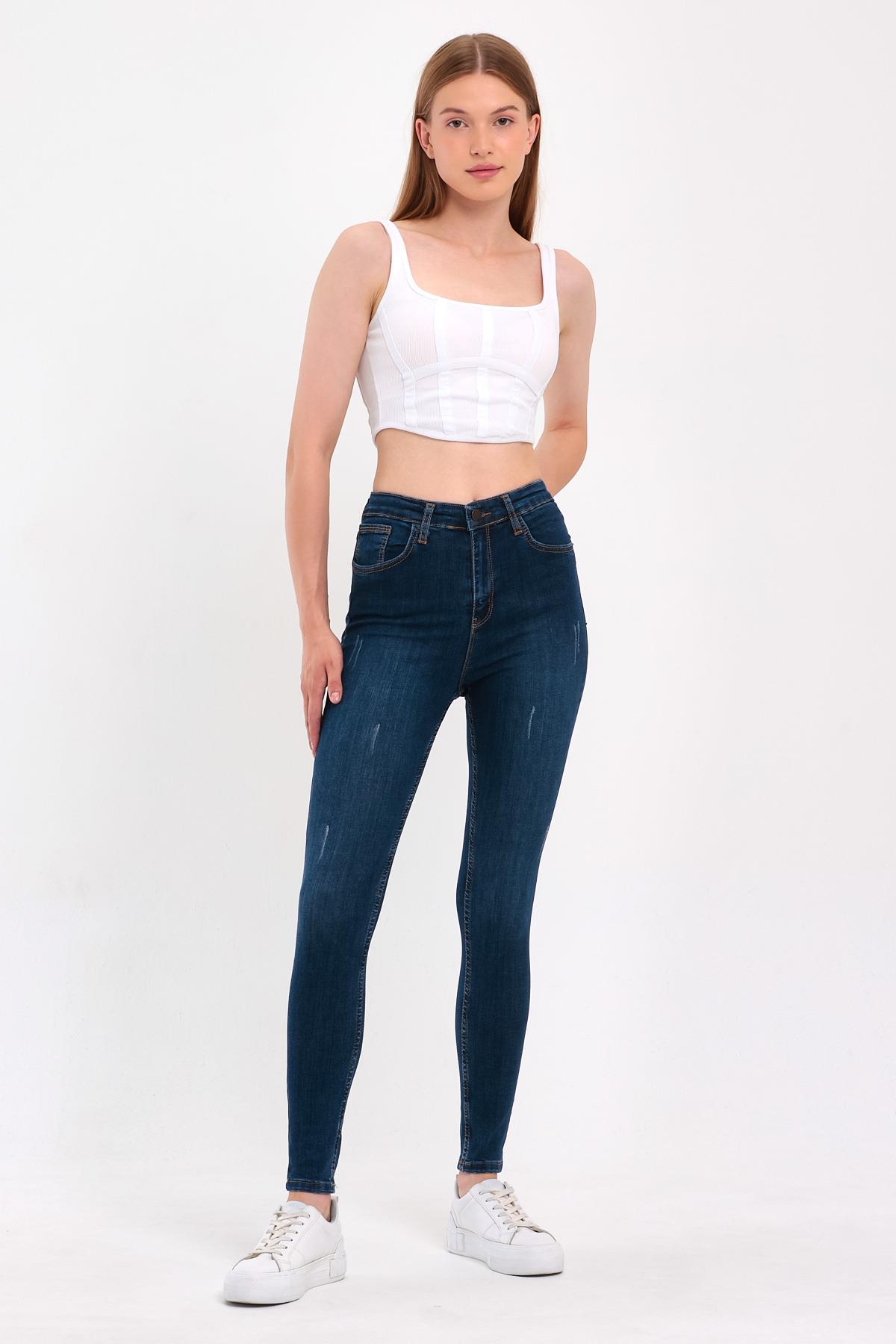 FİHA/HERDEM-4345 KADIN TIRNAKLI TAŞLAMALI JEANS - KOYU MAVİ 