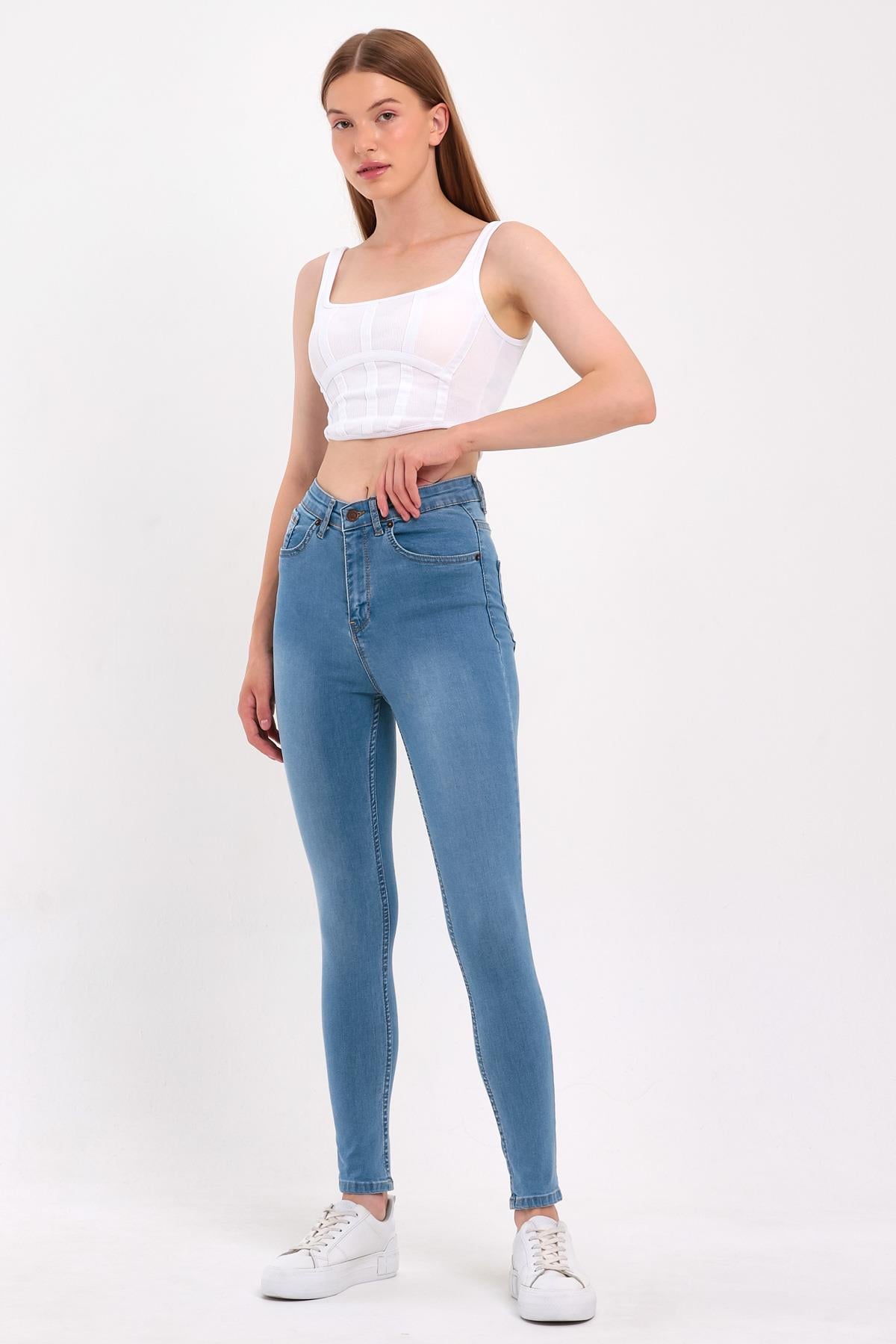 FİHA/NEZİK-4342 KADIN TAŞLAMALI JEANS - AÇIK MAVİ 