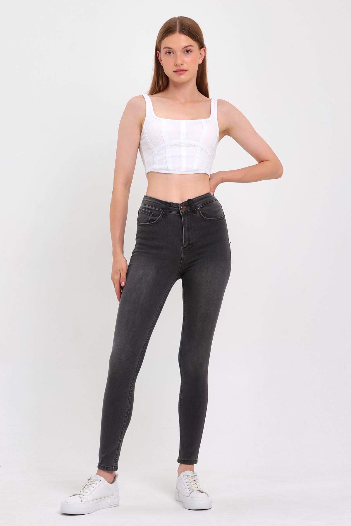 FİHA/NEZİK-4342 KADIN TAŞLAMALI JEANS - GRİ 