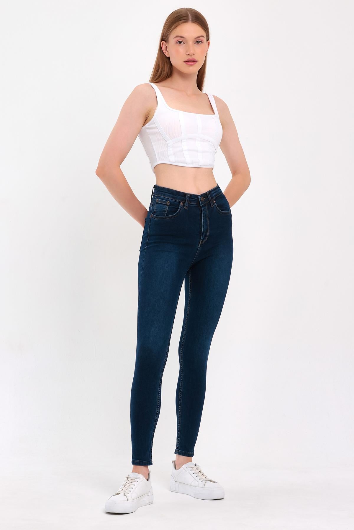 FİHA/NEZİK-4342 KADIN TAŞLAMALI JEANS - KOYU MAVİ