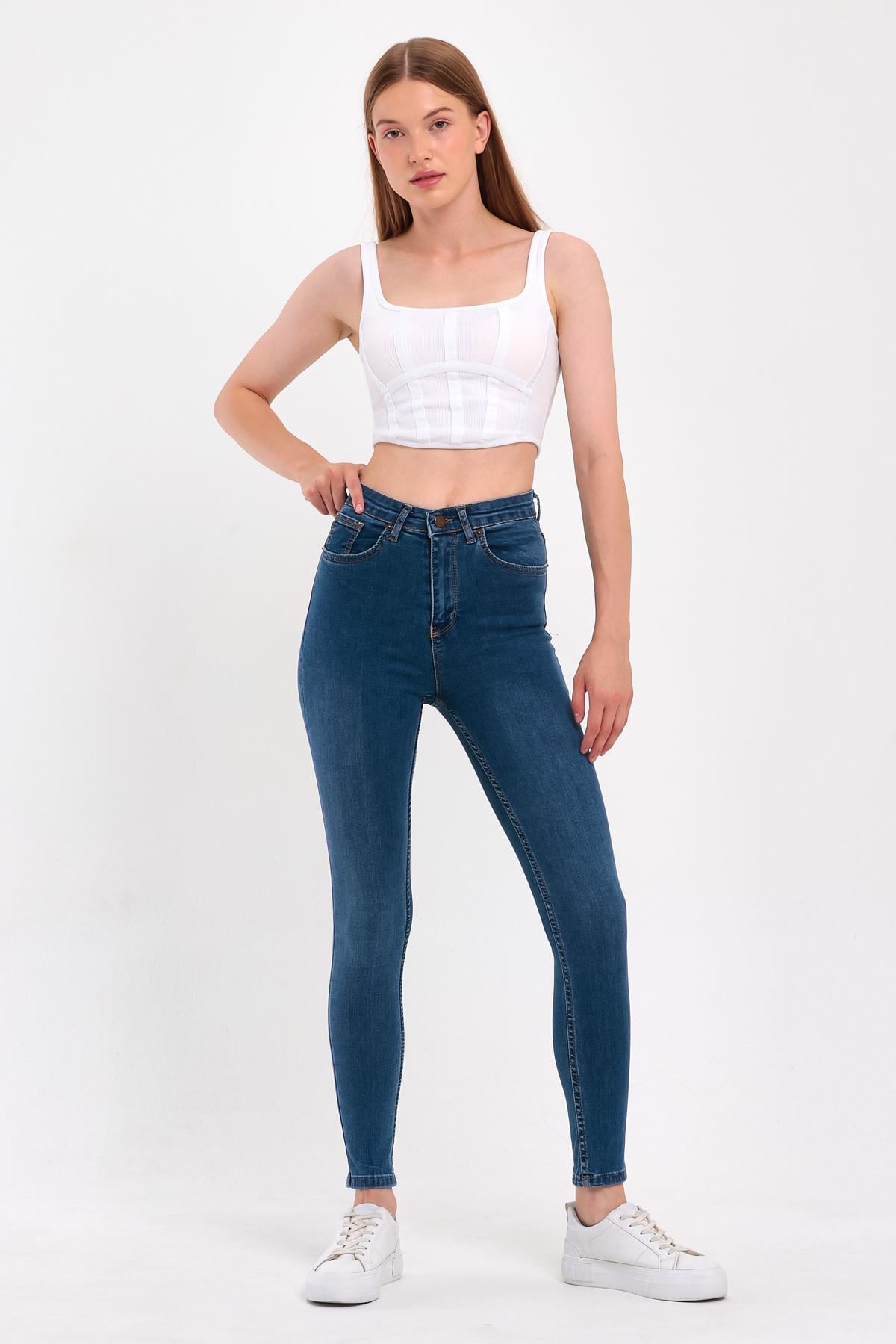 FİHA/NEZİK-4342 KADIN TAŞLAMALI JEANS - MAVİ 